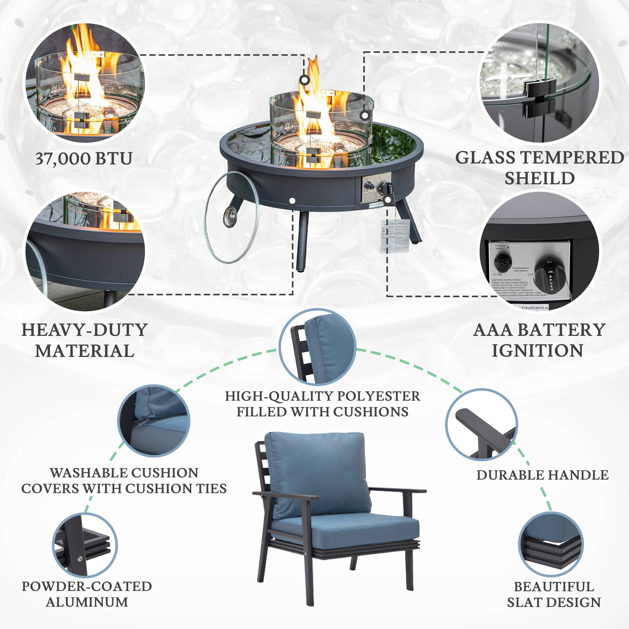 LeisureMod™ Walbrooke Modern Black Patio Conversation With Round Fire Pit & Tank Holder - Navy Blue