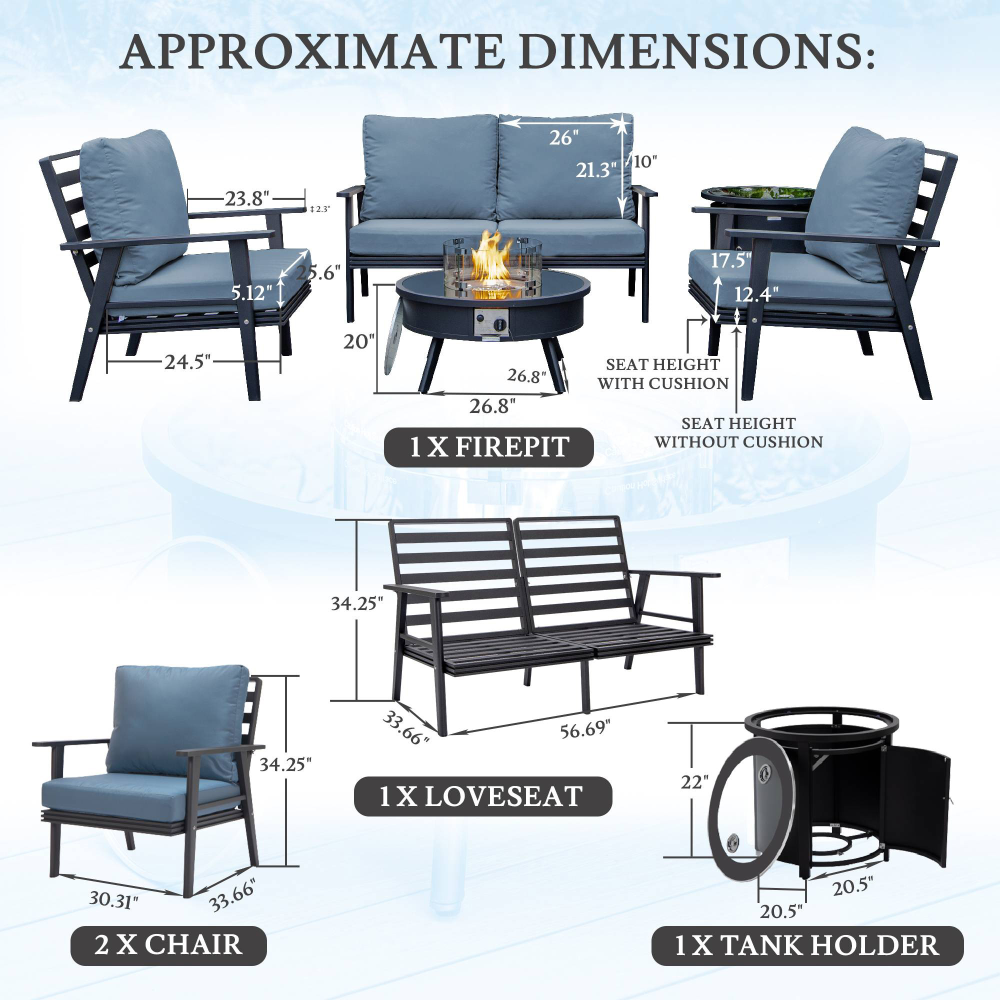 LeisureMod™ Walbrooke Modern Black Patio Conversation With Round Fire Pit & Tank Holder - Navy Blue