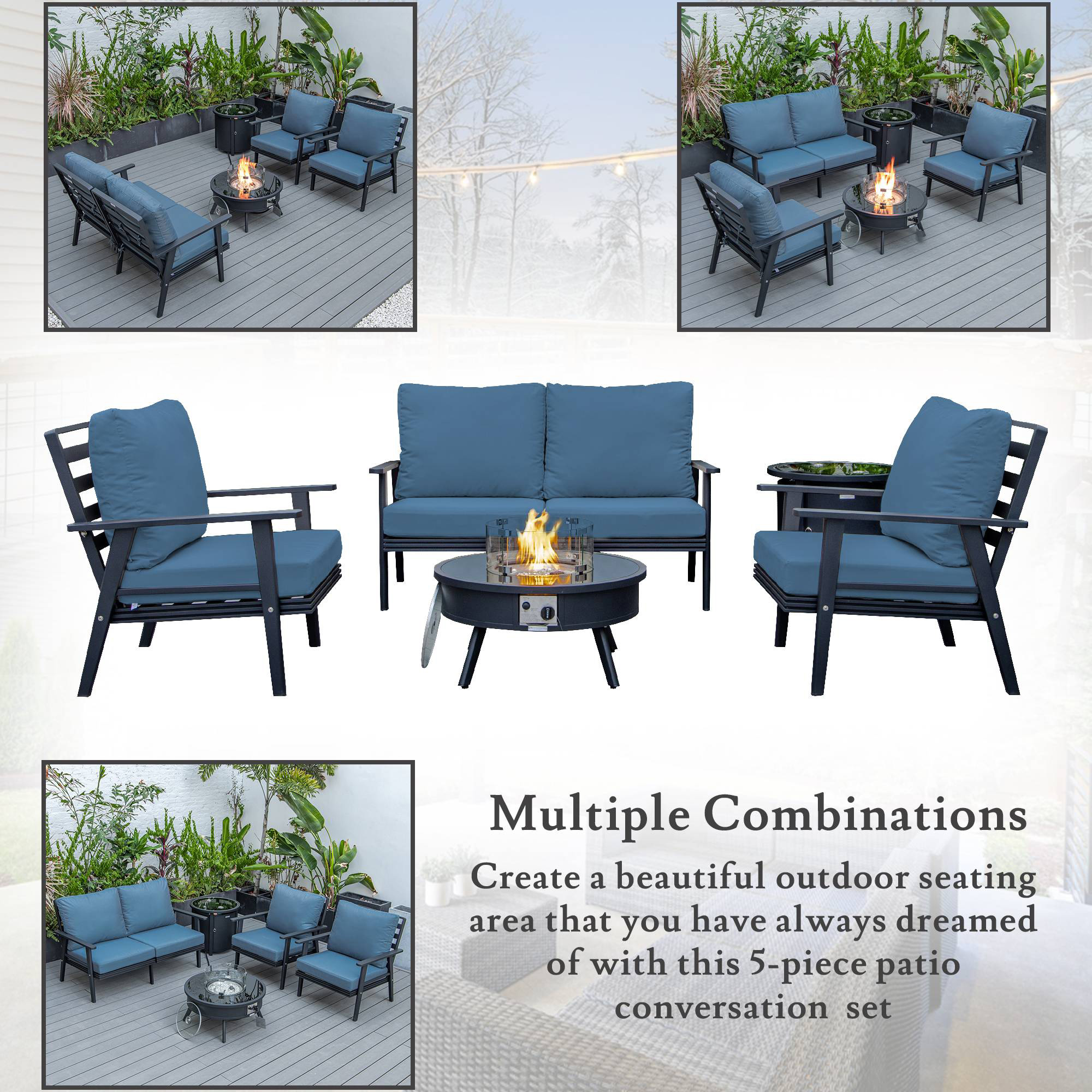 LeisureMod™ Walbrooke Modern Black Patio Conversation With Round Fire Pit & Tank Holder - Navy Blue