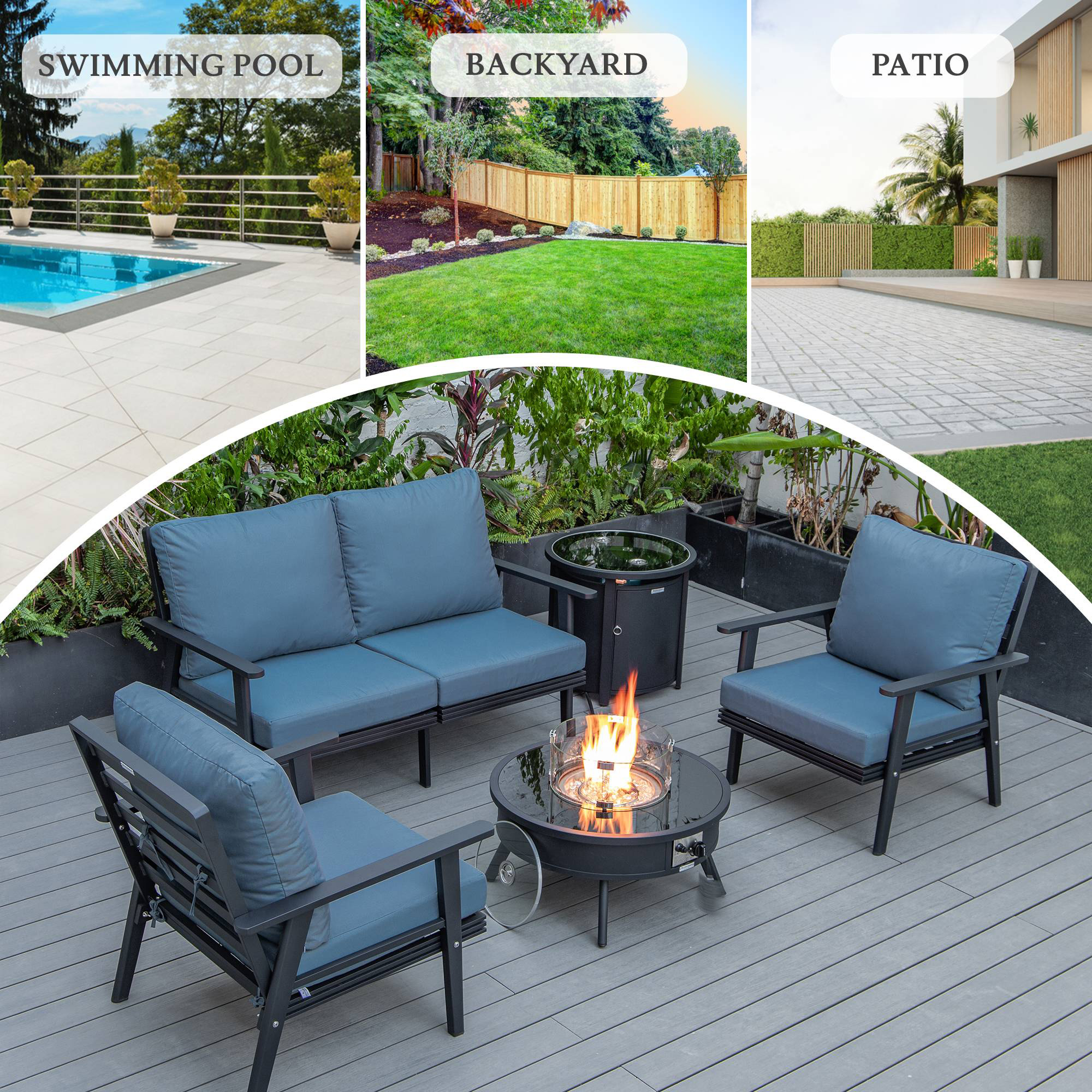 LeisureMod™ Walbrooke Modern Black Patio Conversation With Round Fire Pit & Tank Holder - Navy Blue