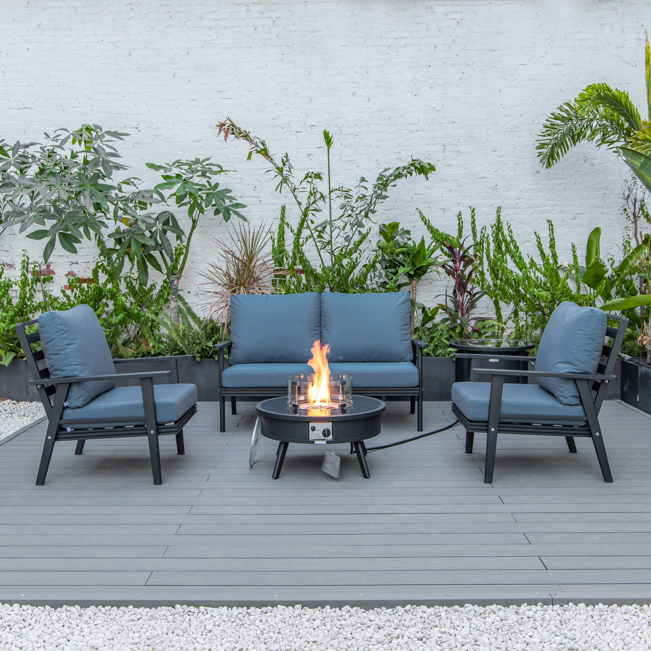 LeisureMod™ Walbrooke Modern Black Patio Conversation With Round Fire Pit & Tank Holder - Navy Blue