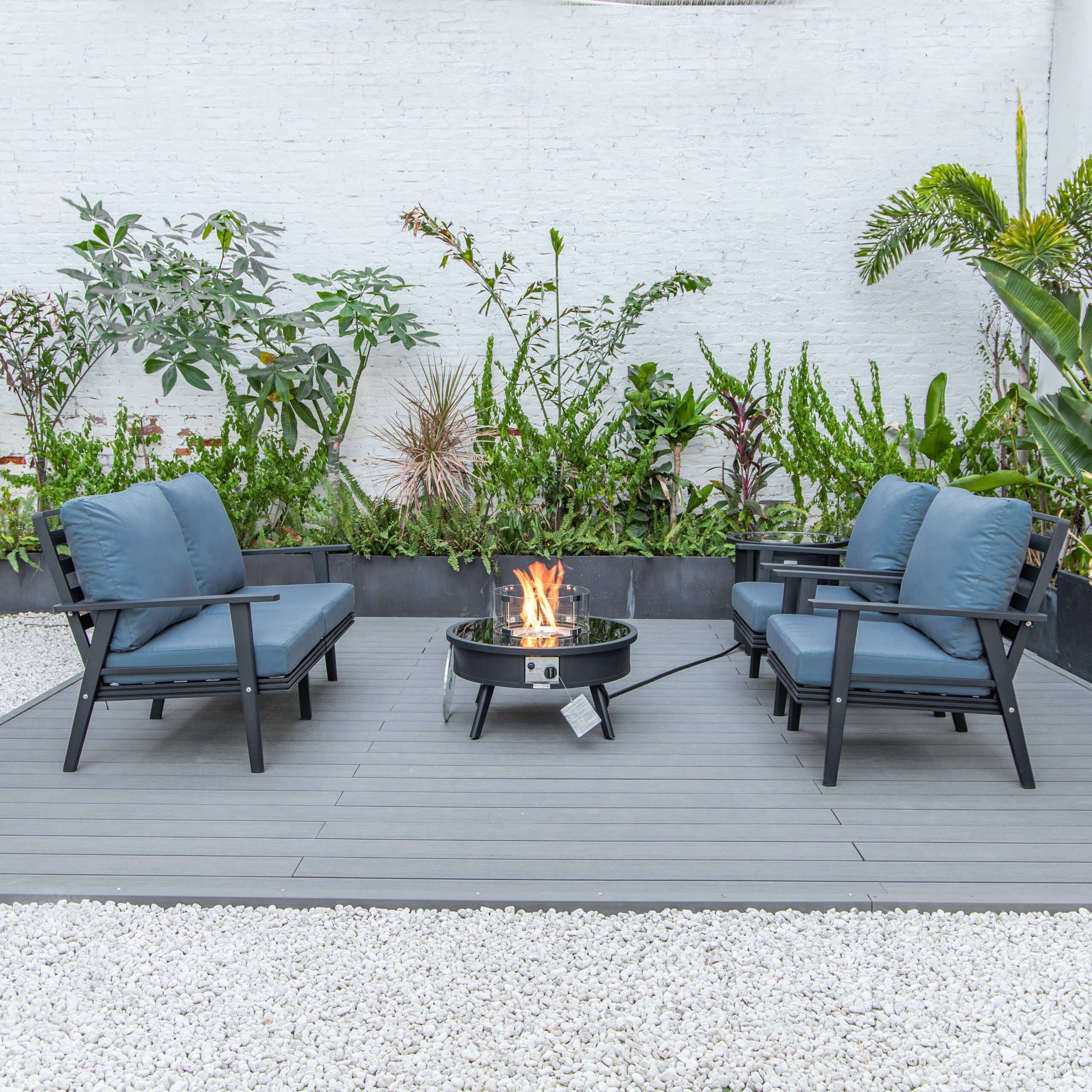 LeisureMod™ Walbrooke Modern Black Patio Conversation With Round Fire Pit & Tank Holder - Navy Blue