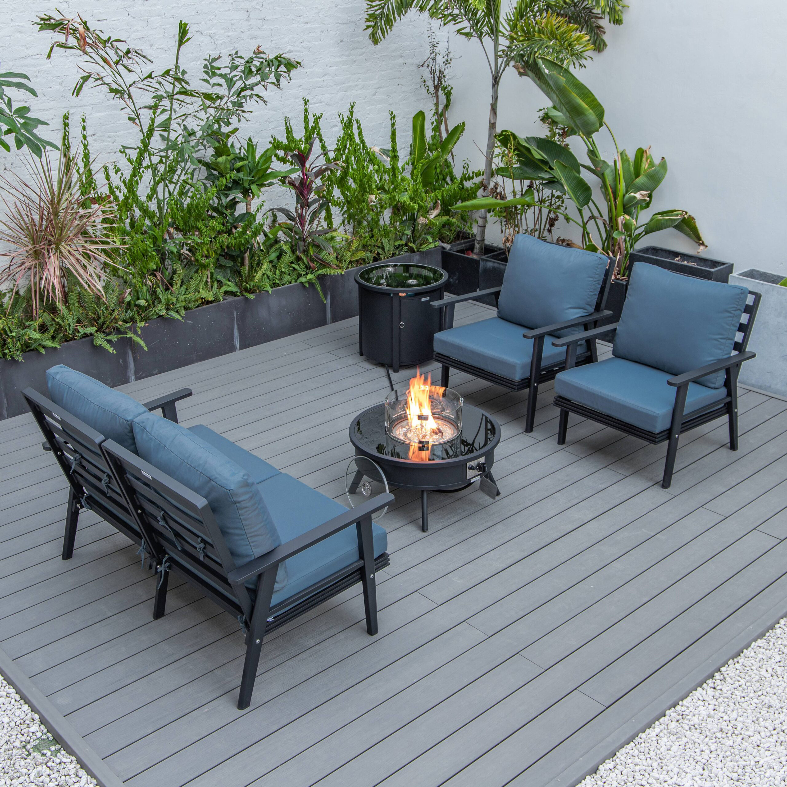 LeisureMod™ Walbrooke Modern Black Patio Conversation With Round Fire Pit & Tank Holder - Navy Blue