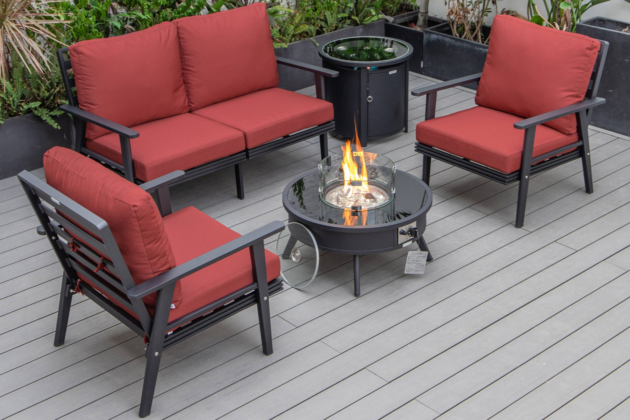 LeisureMod Walbrooke Modern Black Patio Conversation With Round Fire Pit & Tank Holder