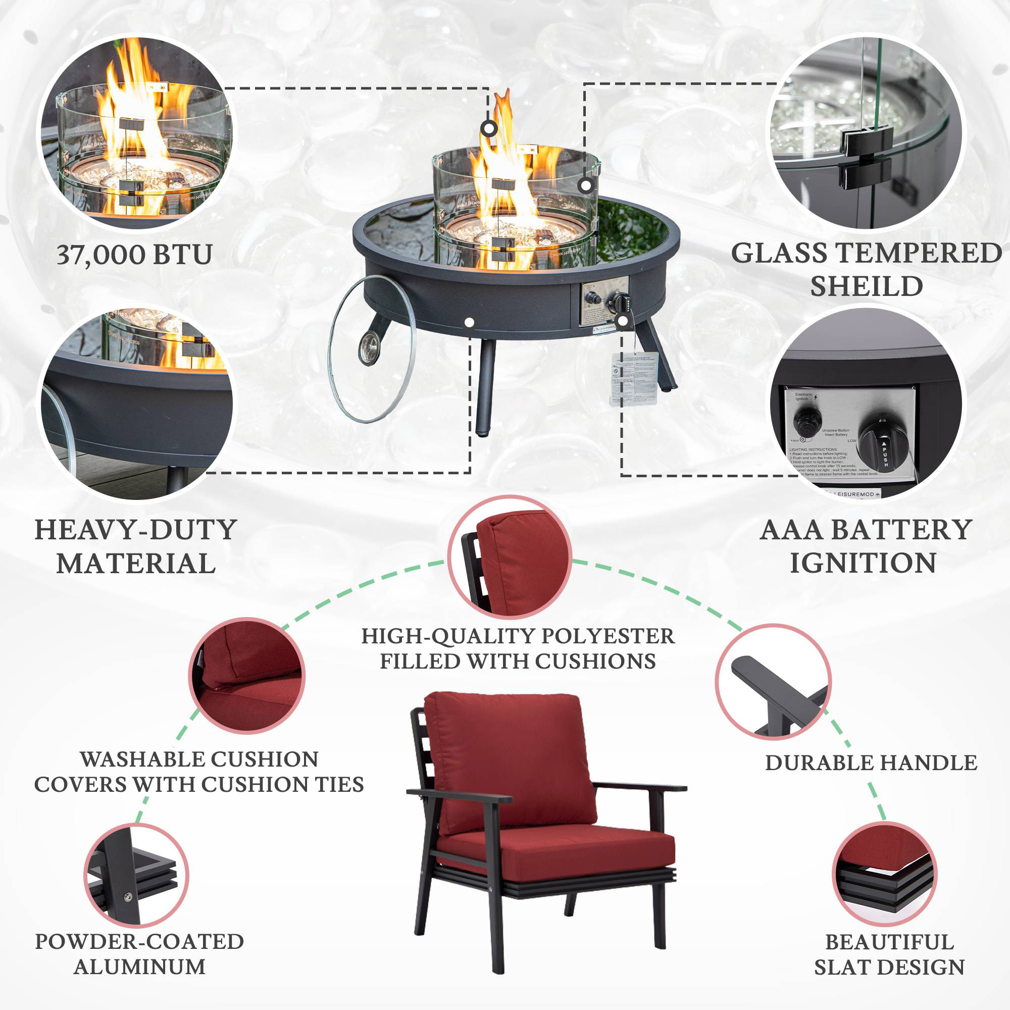 LeisureMod Walbrooke Modern Black Patio Conversation With Round Fire Pit & Tank Holder - Red