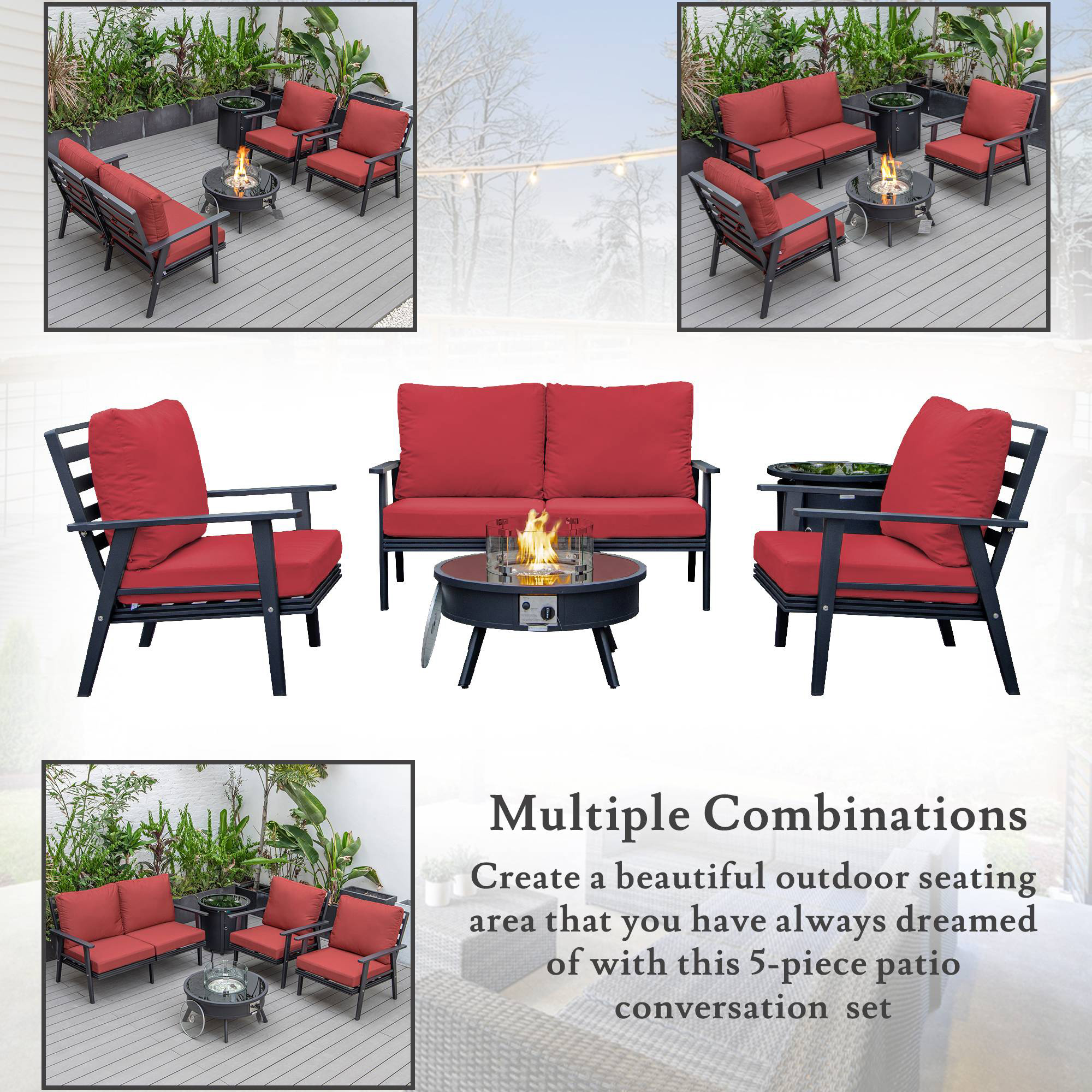 LeisureMod Walbrooke Modern Black Patio Conversation With Round Fire Pit & Tank Holder - Red