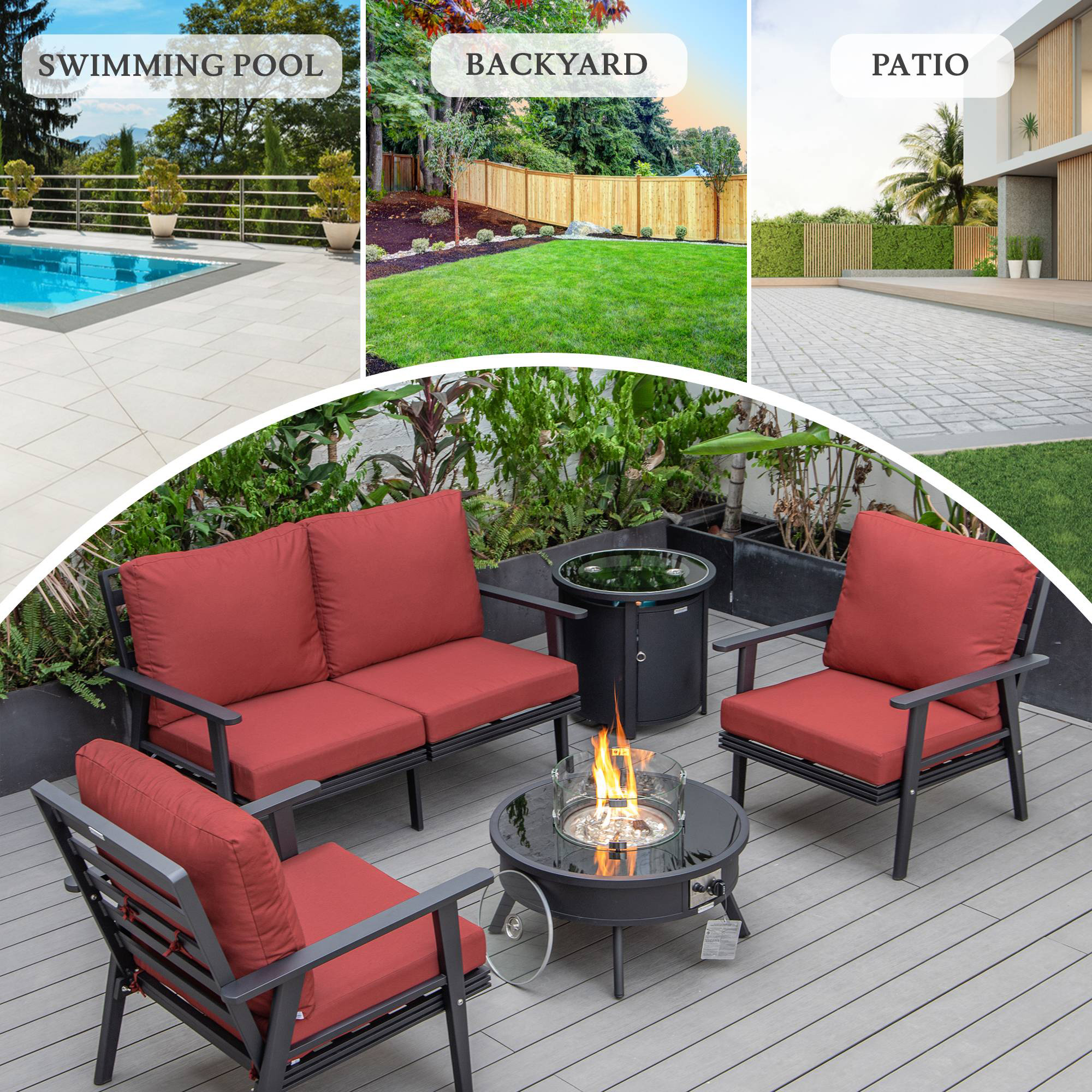 LeisureMod Walbrooke Modern Black Patio Conversation With Round Fire Pit & Tank Holder - Red