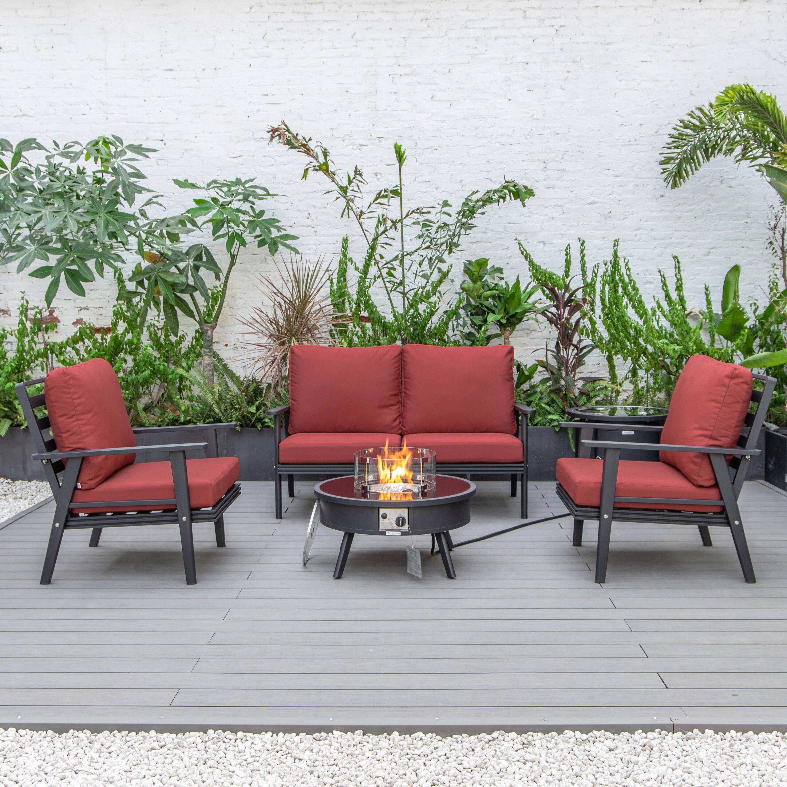 LeisureMod Walbrooke Modern Black Patio Conversation With Round Fire Pit & Tank Holder - Red