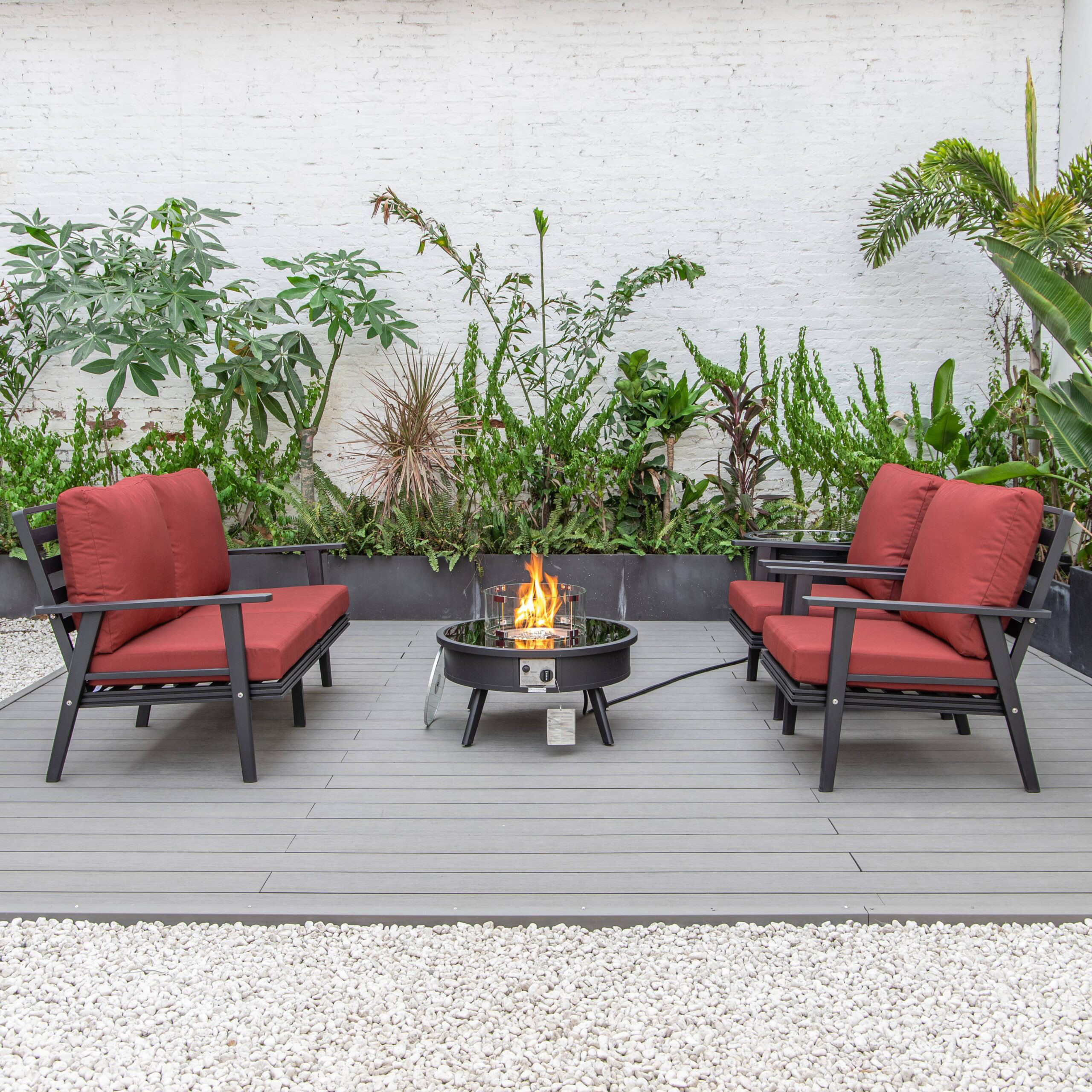 LeisureMod Walbrooke Modern Black Patio Conversation With Round Fire Pit & Tank Holder - Red