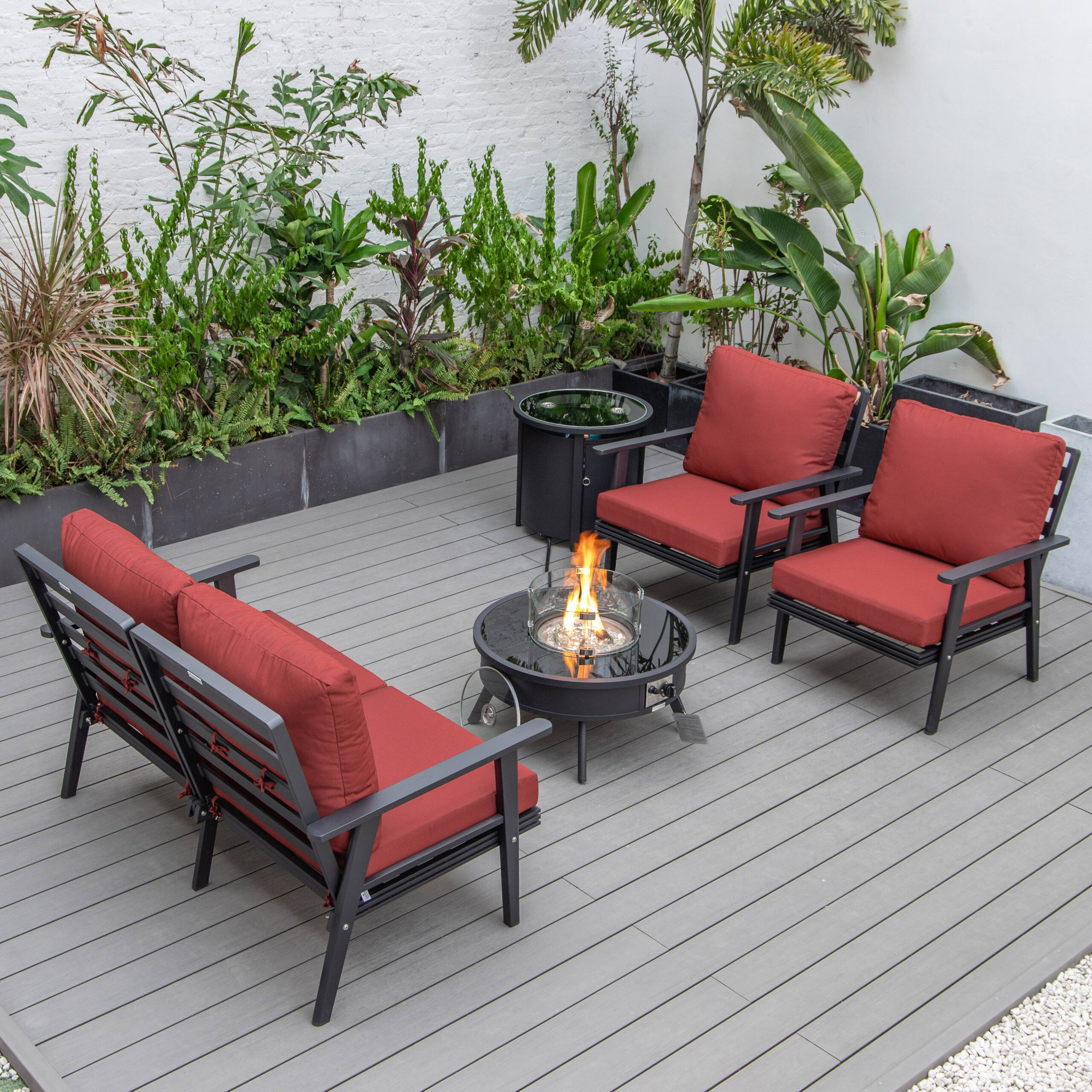 LeisureMod Walbrooke Modern Black Patio Conversation With Round Fire Pit & Tank Holder - Red