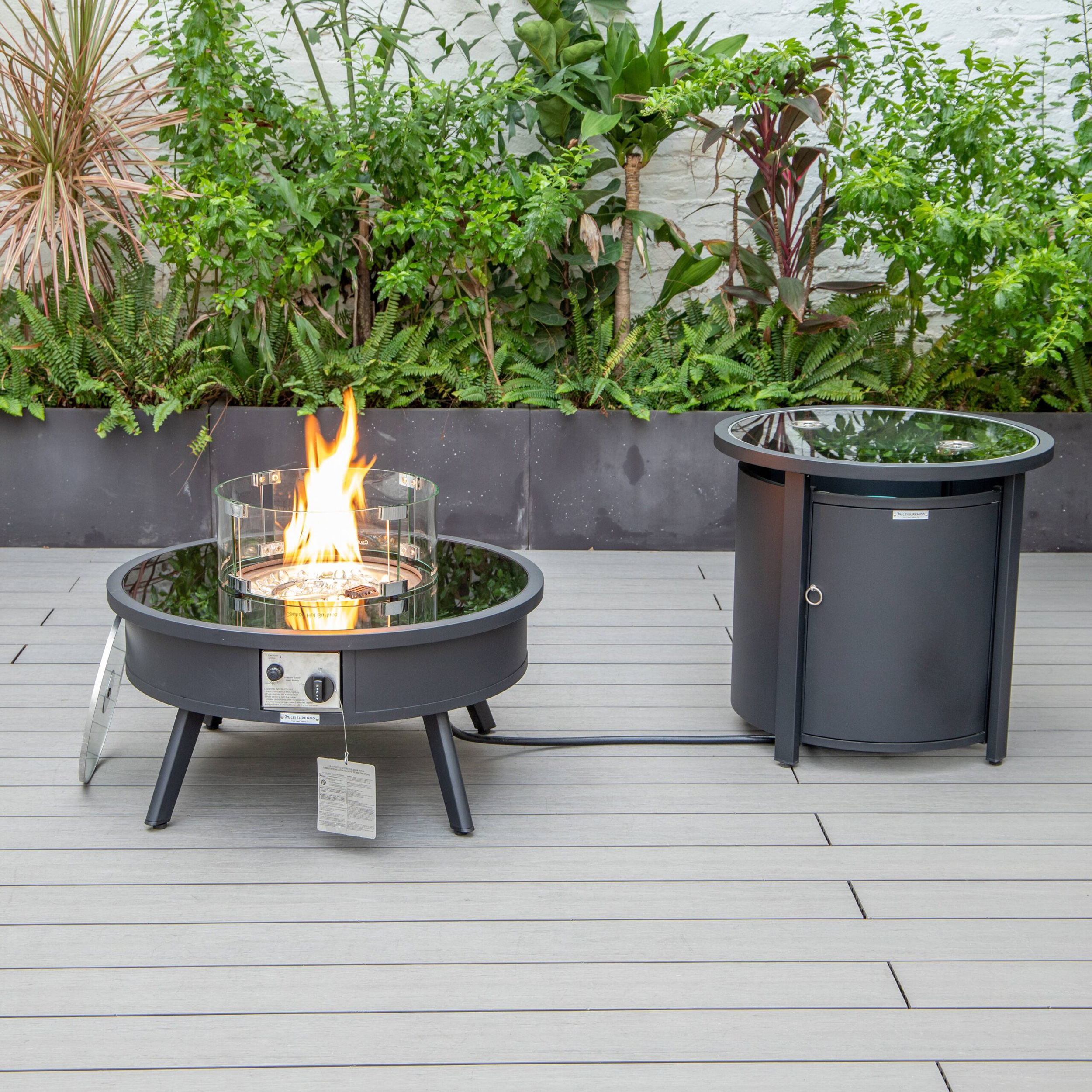 LeisureMod Walbrooke Outdoor Patio Round Fire Pit and Tank Holder