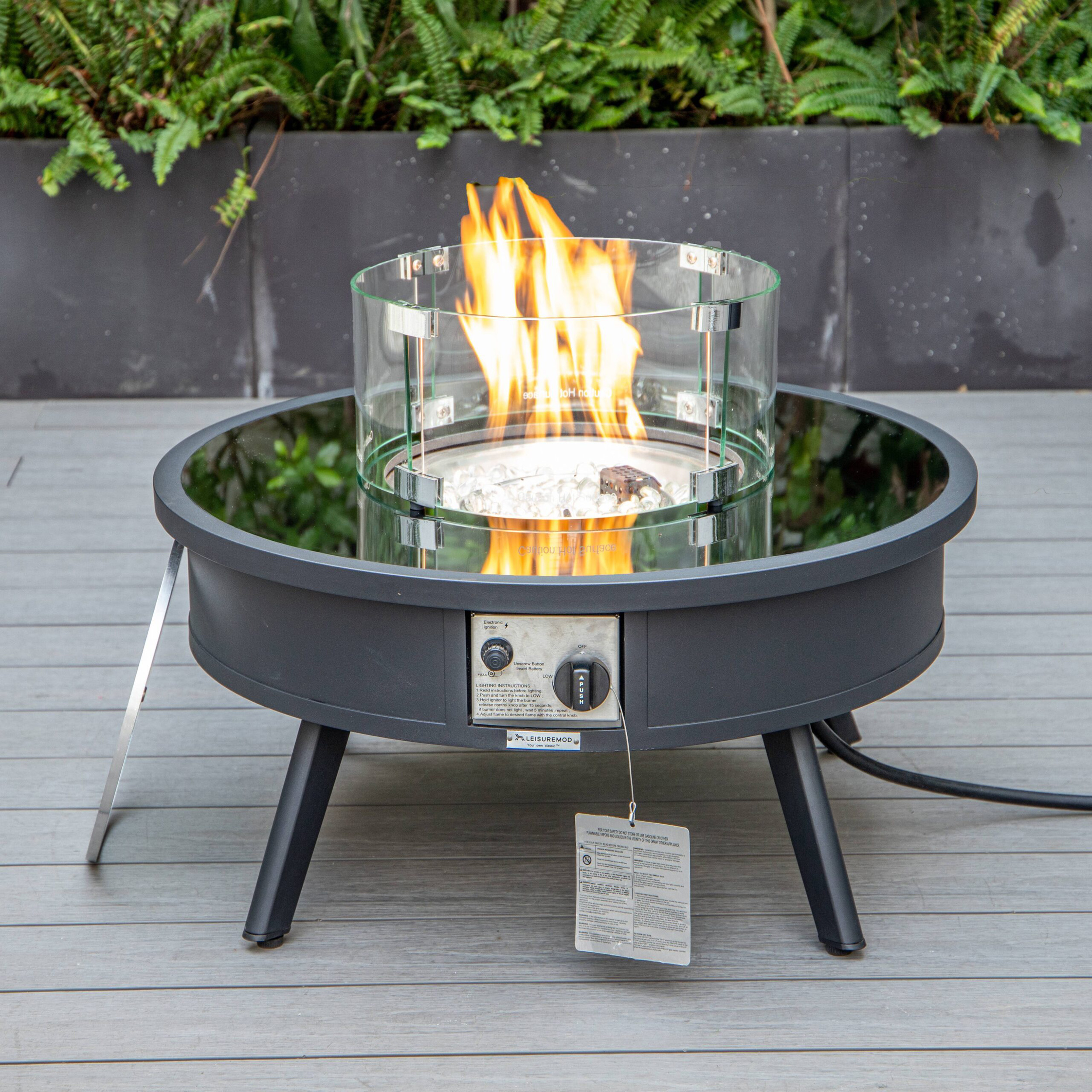 LeisureMod Walbrooke Modern Outdoor Round Fire Pit Table with Powder-Coated Aluminum Frame - Black