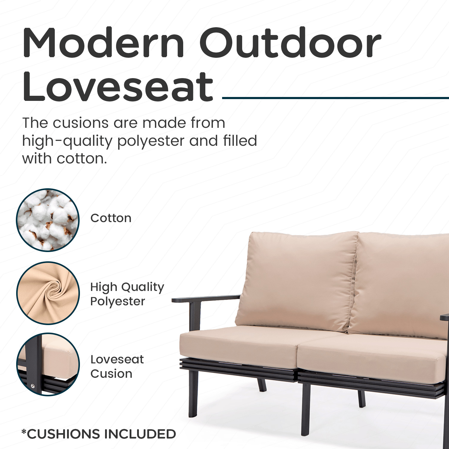 LeisureMod Walbrooke Modern Outdoor Patio Loveseat with Black Aluminum Frame and Removable Cushions - Beige