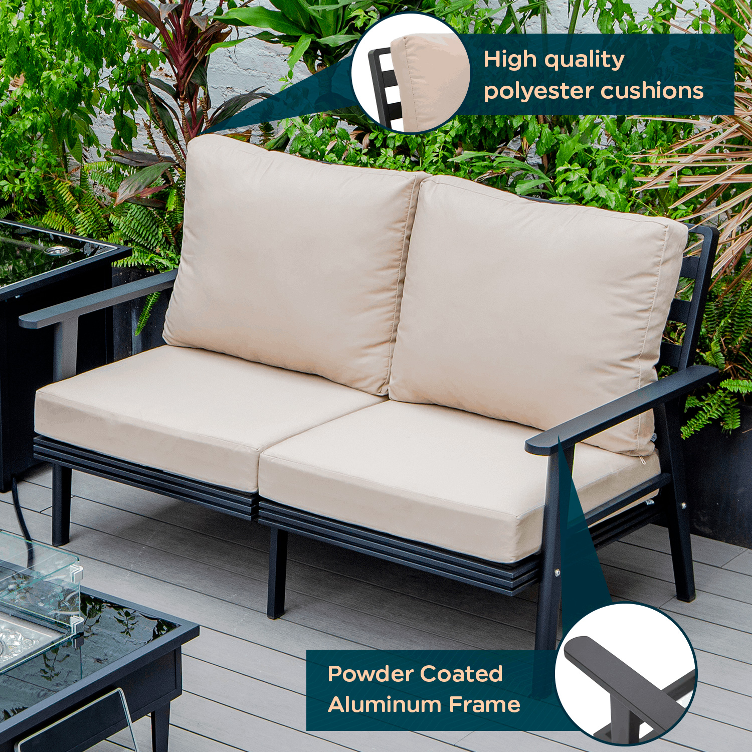 LeisureMod Walbrooke Modern Outdoor Patio Loveseat with Black Aluminum Frame and Removable Cushions - Beige