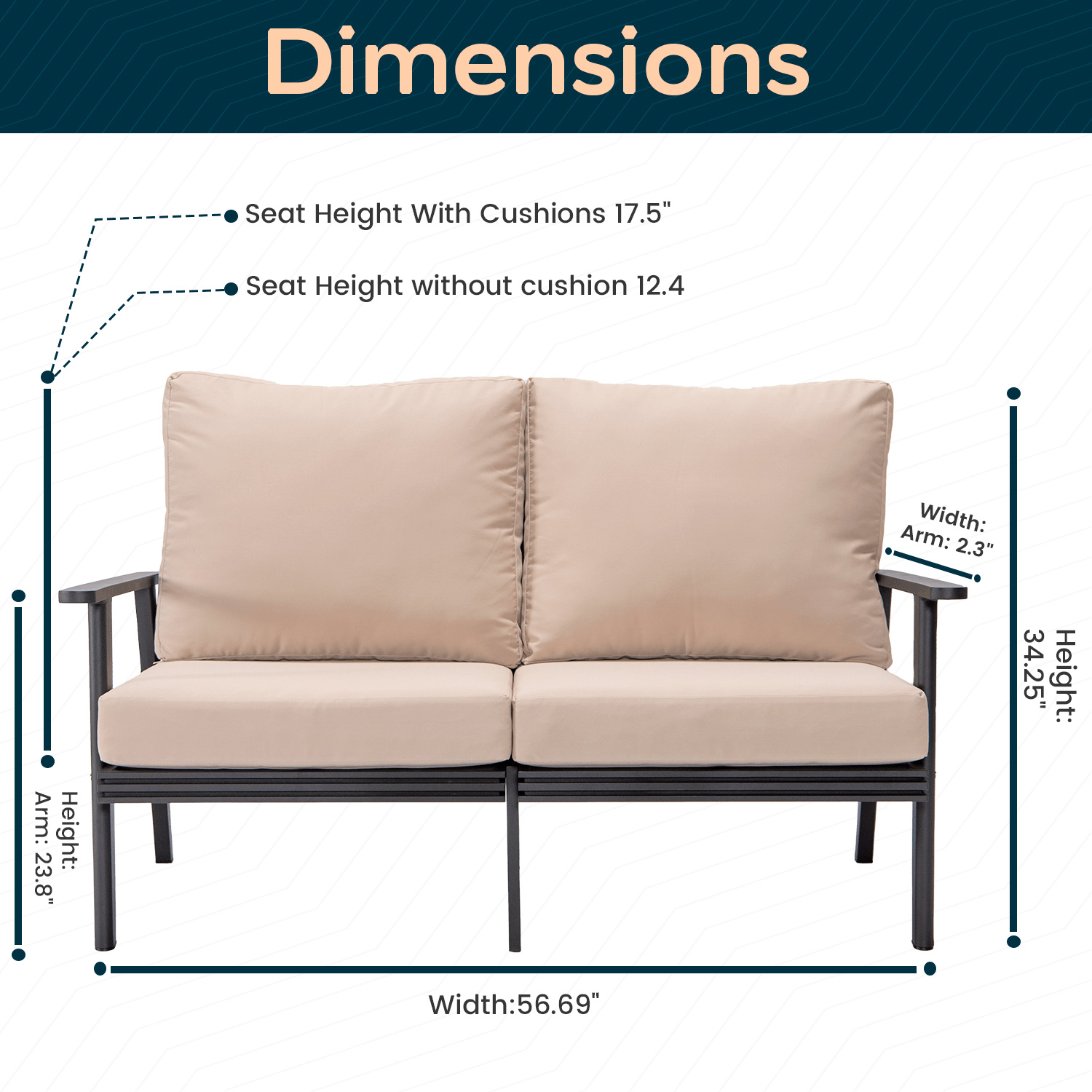 LeisureMod Walbrooke Modern Outdoor Patio Loveseat with Black Aluminum Frame and Removable Cushions - Beige