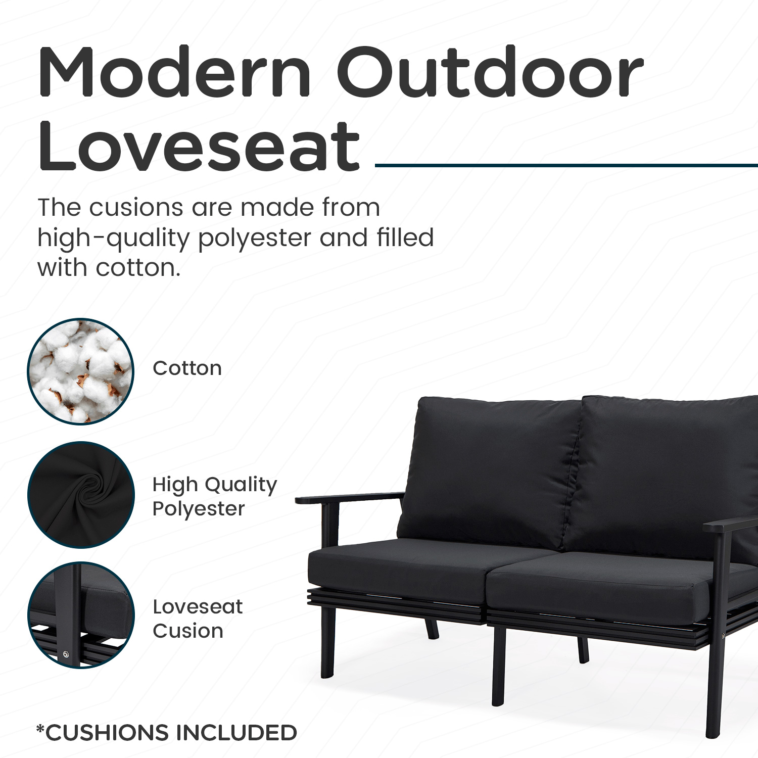 LeisureMod Walbrooke Modern Outdoor Patio Loveseat with Black Aluminum Frame and Removable Cushions - Charcoal