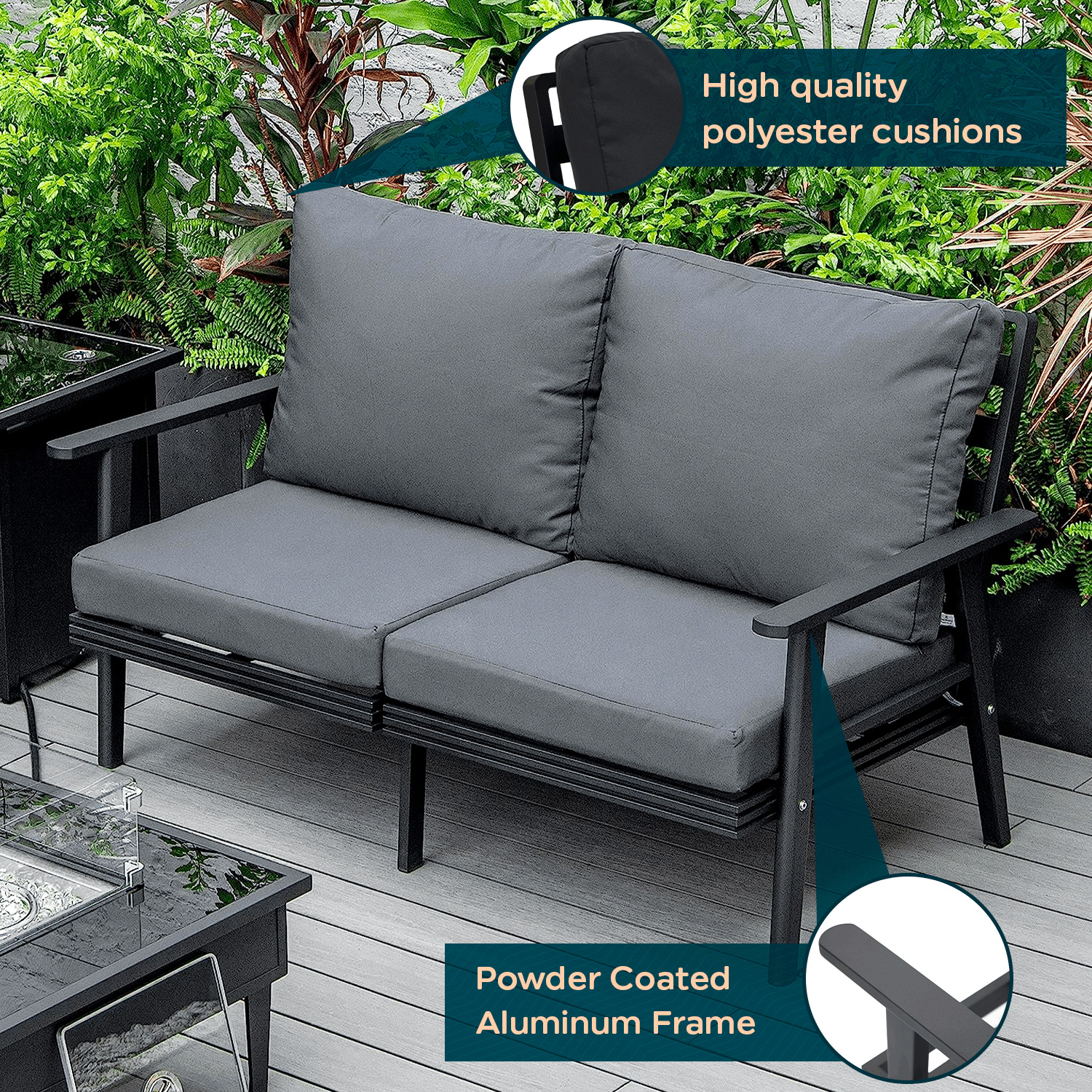 LeisureMod Walbrooke Modern Outdoor Patio Loveseat with Black Aluminum Frame and Removable Cushions - Charcoal