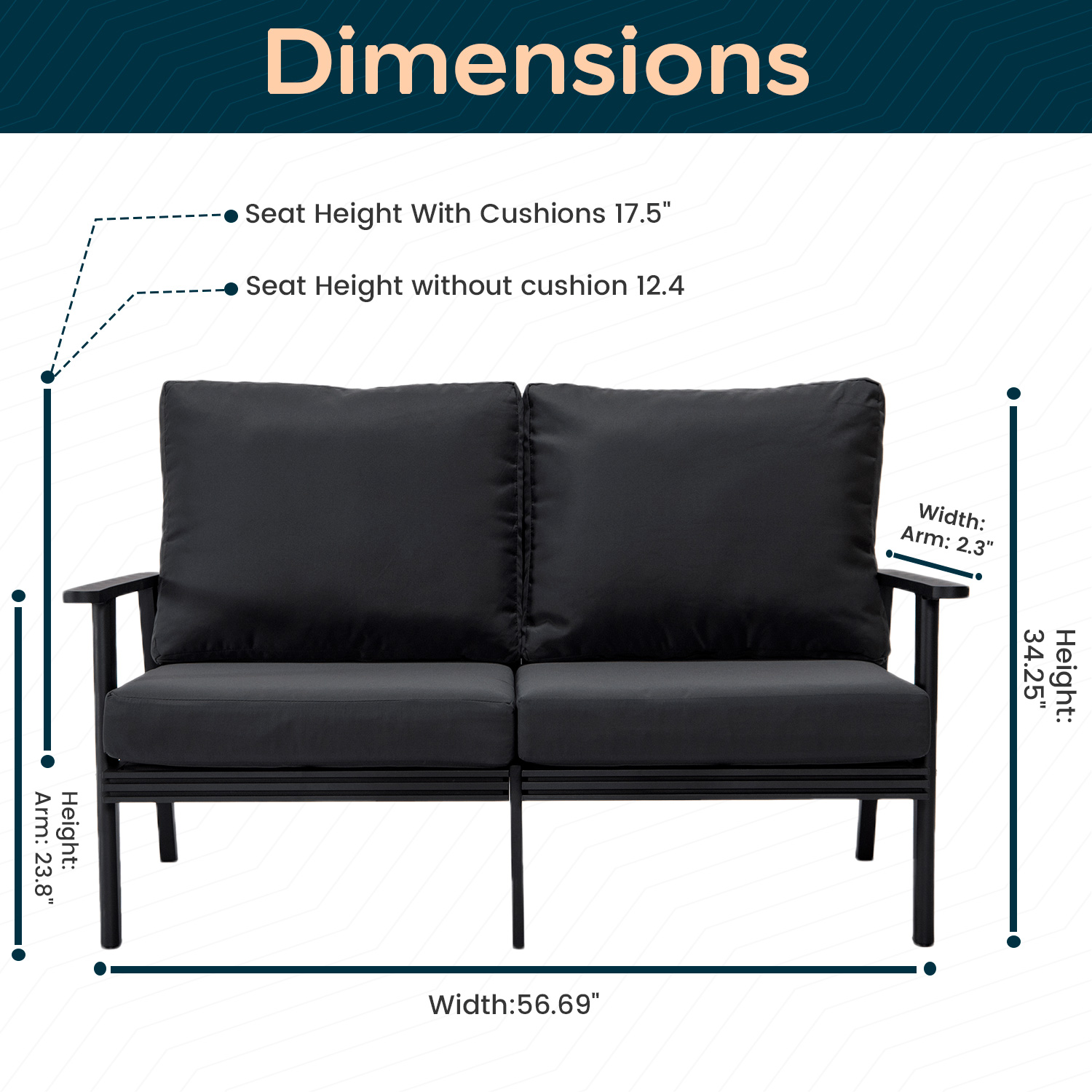 LeisureMod Walbrooke Modern Outdoor Patio Loveseat with Black Aluminum Frame and Removable Cushions - Charcoal