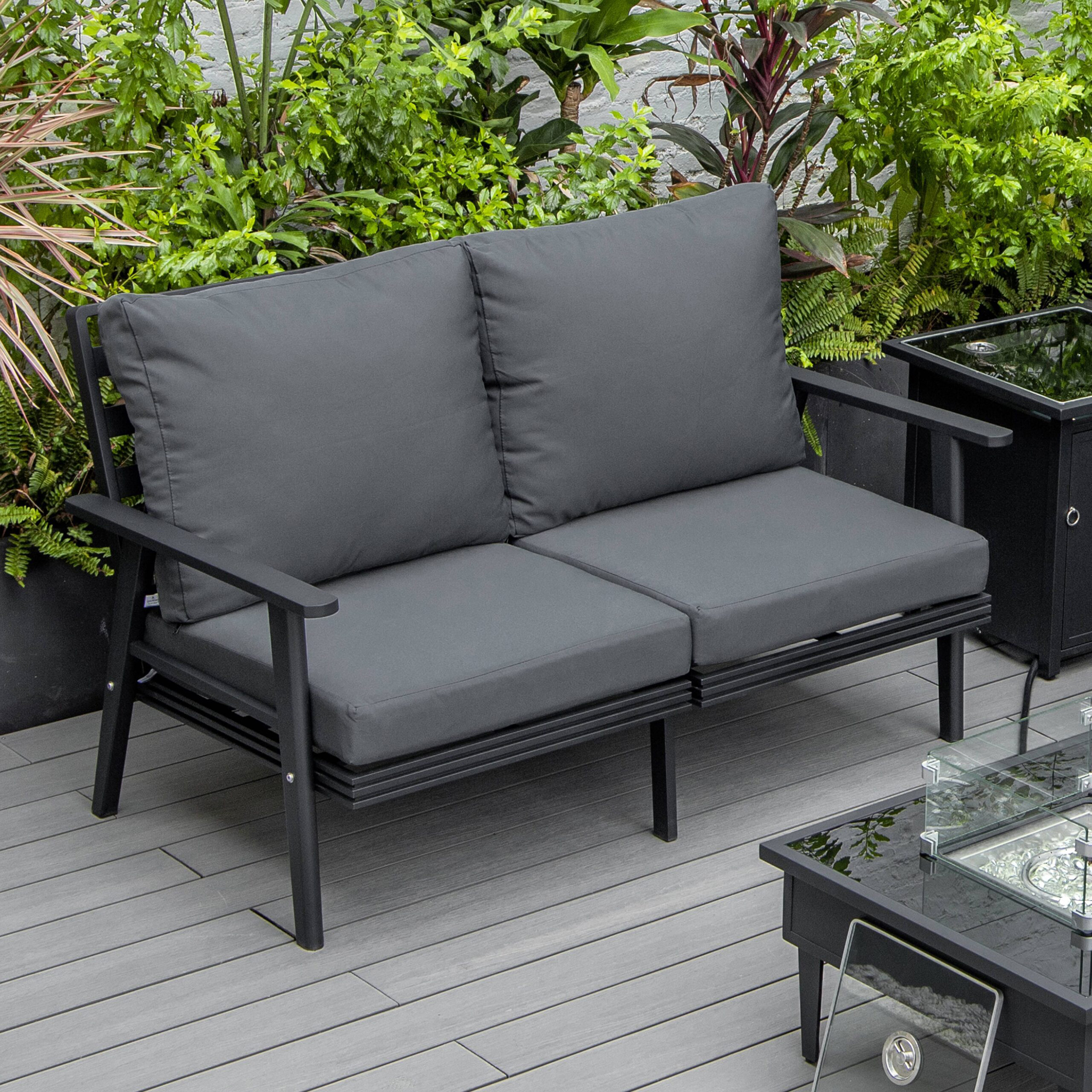 LeisureMod Walbrooke Modern Outdoor Patio Loveseat with Black Aluminum Frame and Removable Cushions - Charcoal