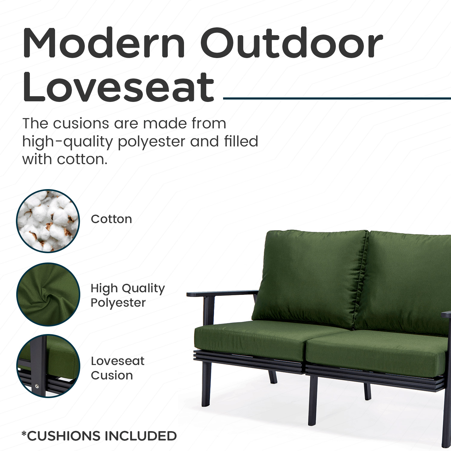 LeisureMod Walbrooke Modern Outdoor Patio Loveseat with Black Aluminum Frame and Removable Cushions - Green