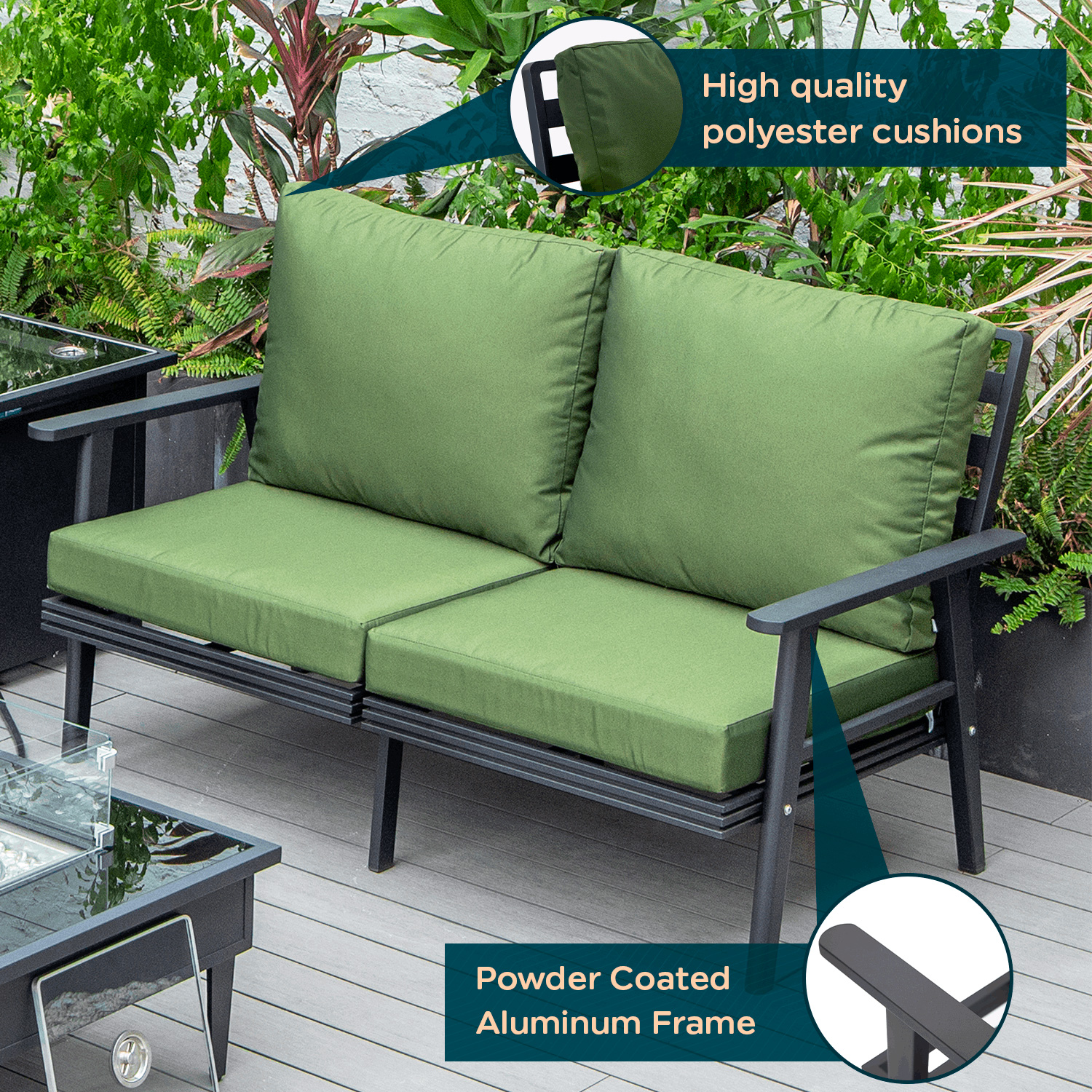 LeisureMod Walbrooke Modern Outdoor Patio Loveseat with Black Aluminum Frame and Removable Cushions - Green