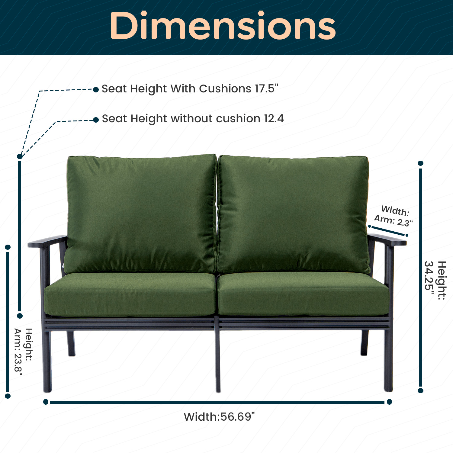 LeisureMod Walbrooke Modern Outdoor Patio Loveseat with Black Aluminum Frame and Removable Cushions - Green