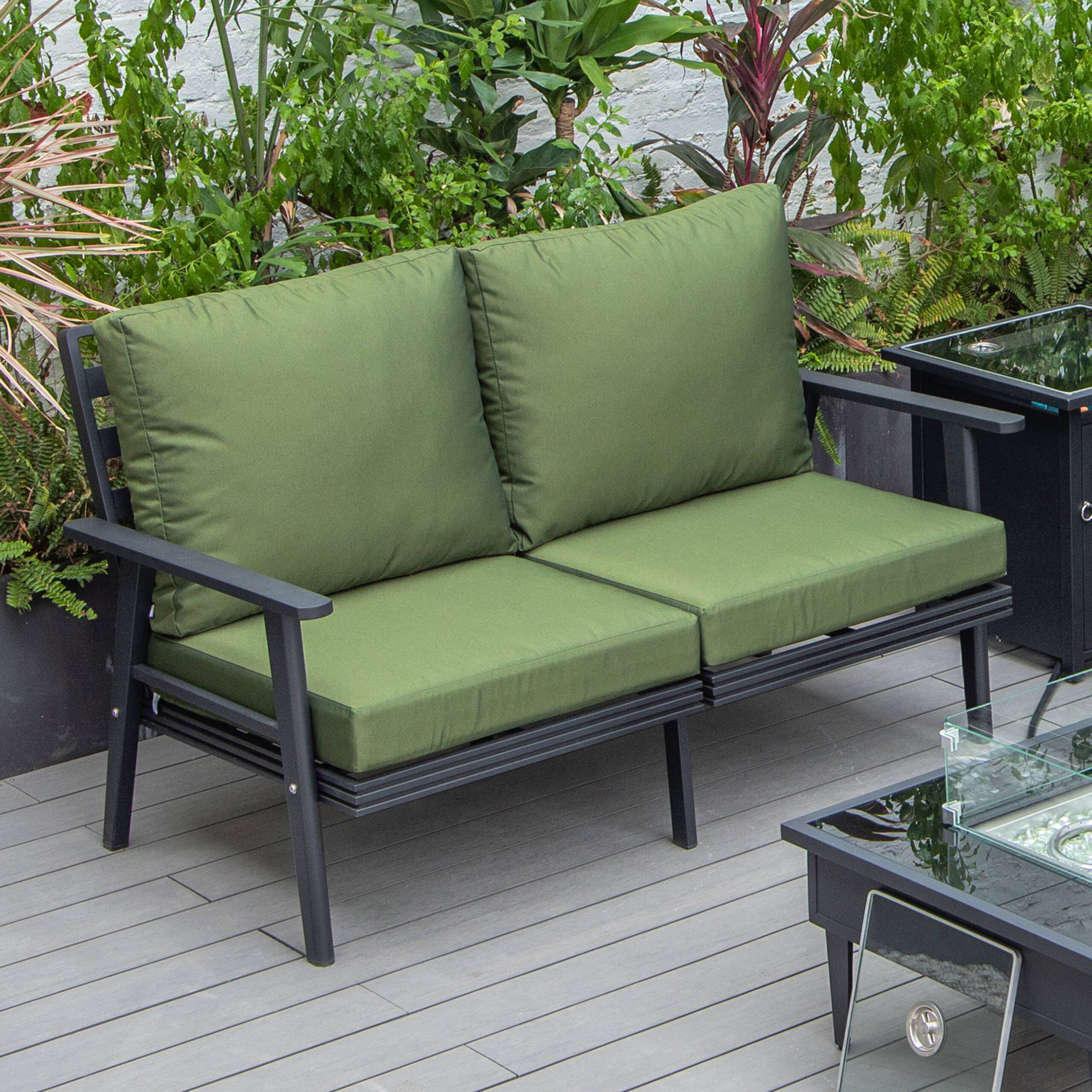 LeisureMod Walbrooke Modern Outdoor Patio Loveseat with Black Aluminum Frame and Removable Cushions - Green