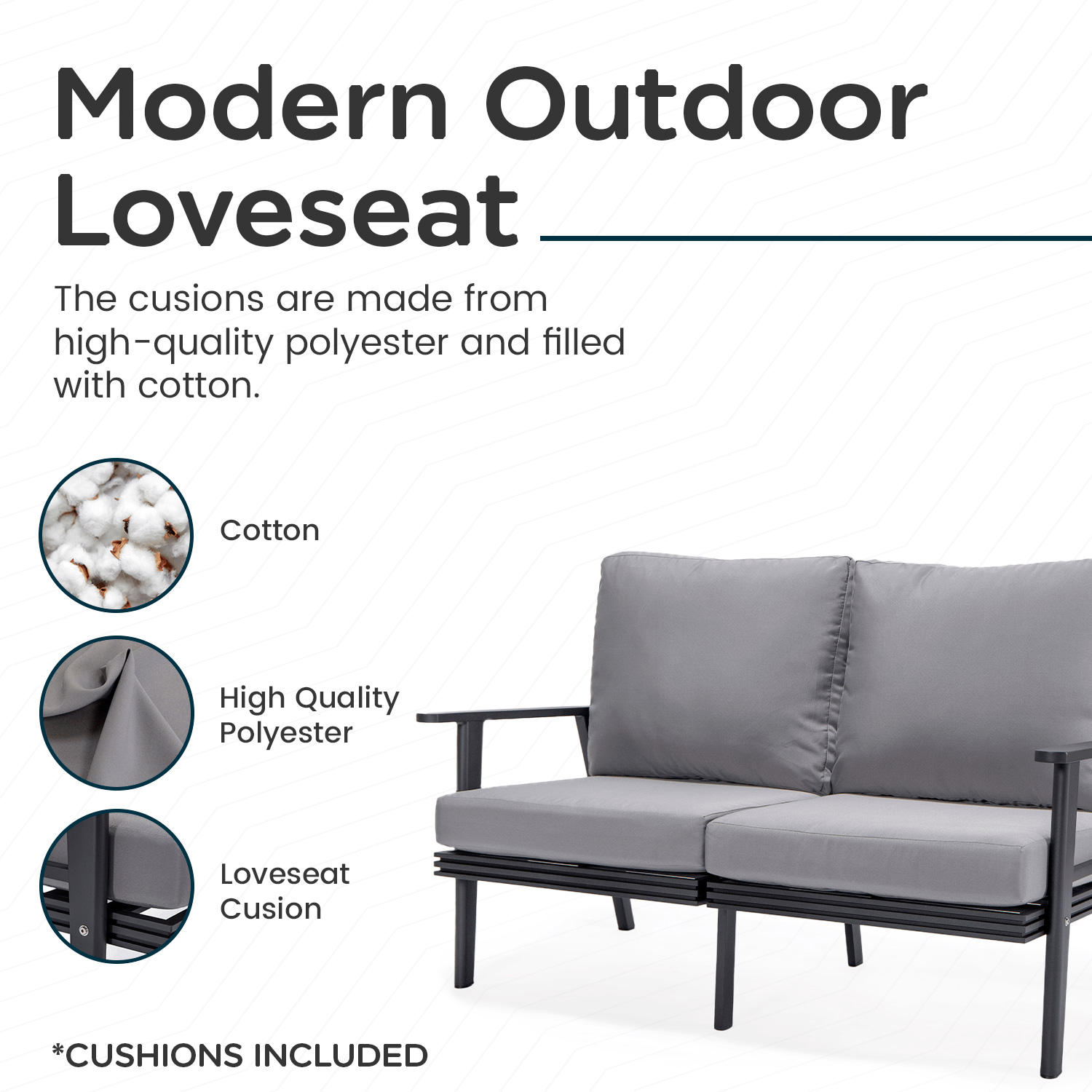 LeisureMod Walbrooke Modern Outdoor Patio Loveseat with Black Aluminum Frame and Removable Cushions - Gray