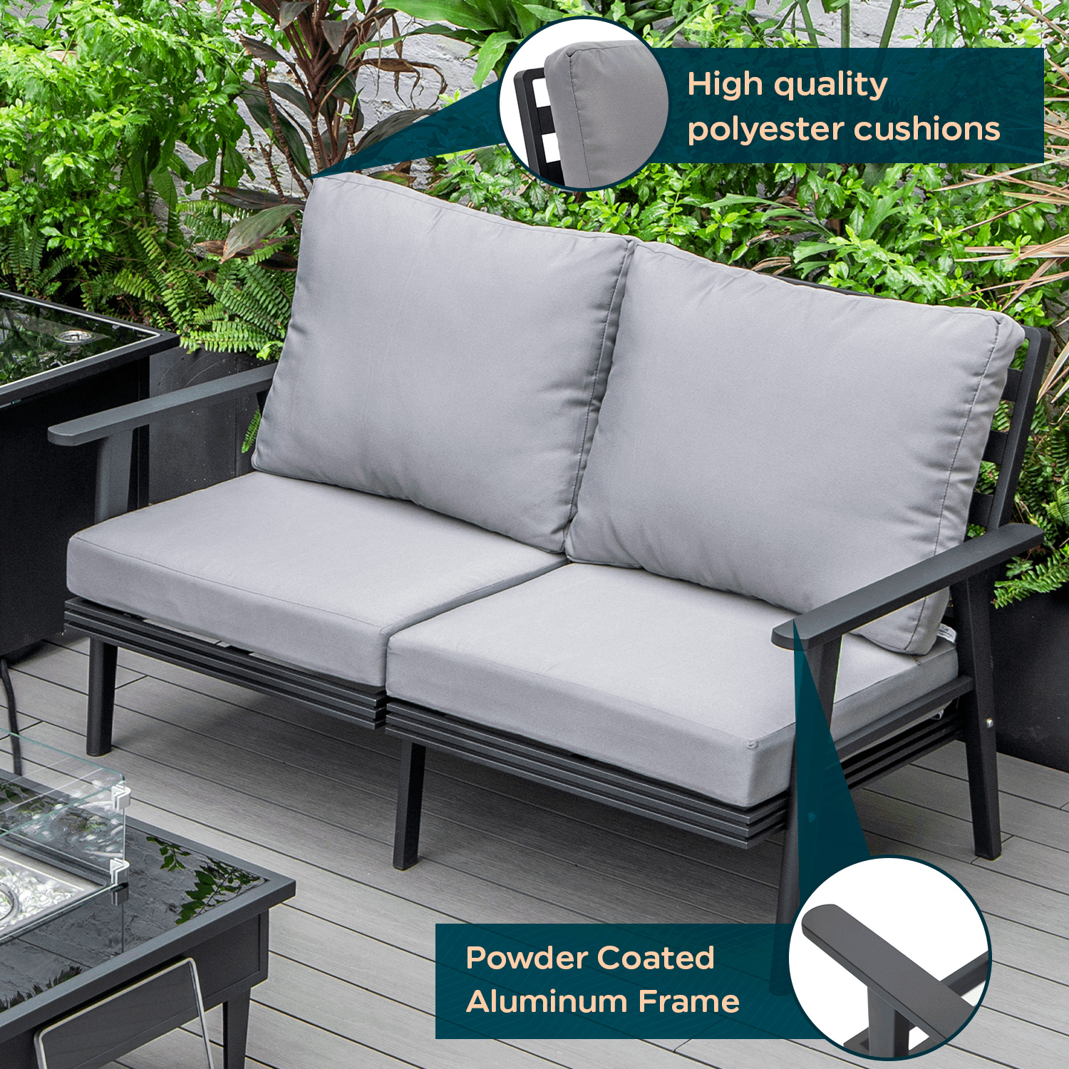 LeisureMod Walbrooke Modern Outdoor Patio Loveseat with Black Aluminum Frame and Removable Cushions - Gray