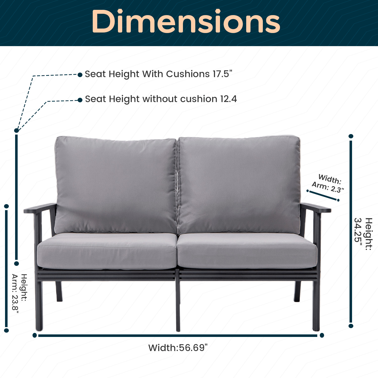 LeisureMod Walbrooke Modern Outdoor Patio Loveseat with Black Aluminum Frame and Removable Cushions - Gray