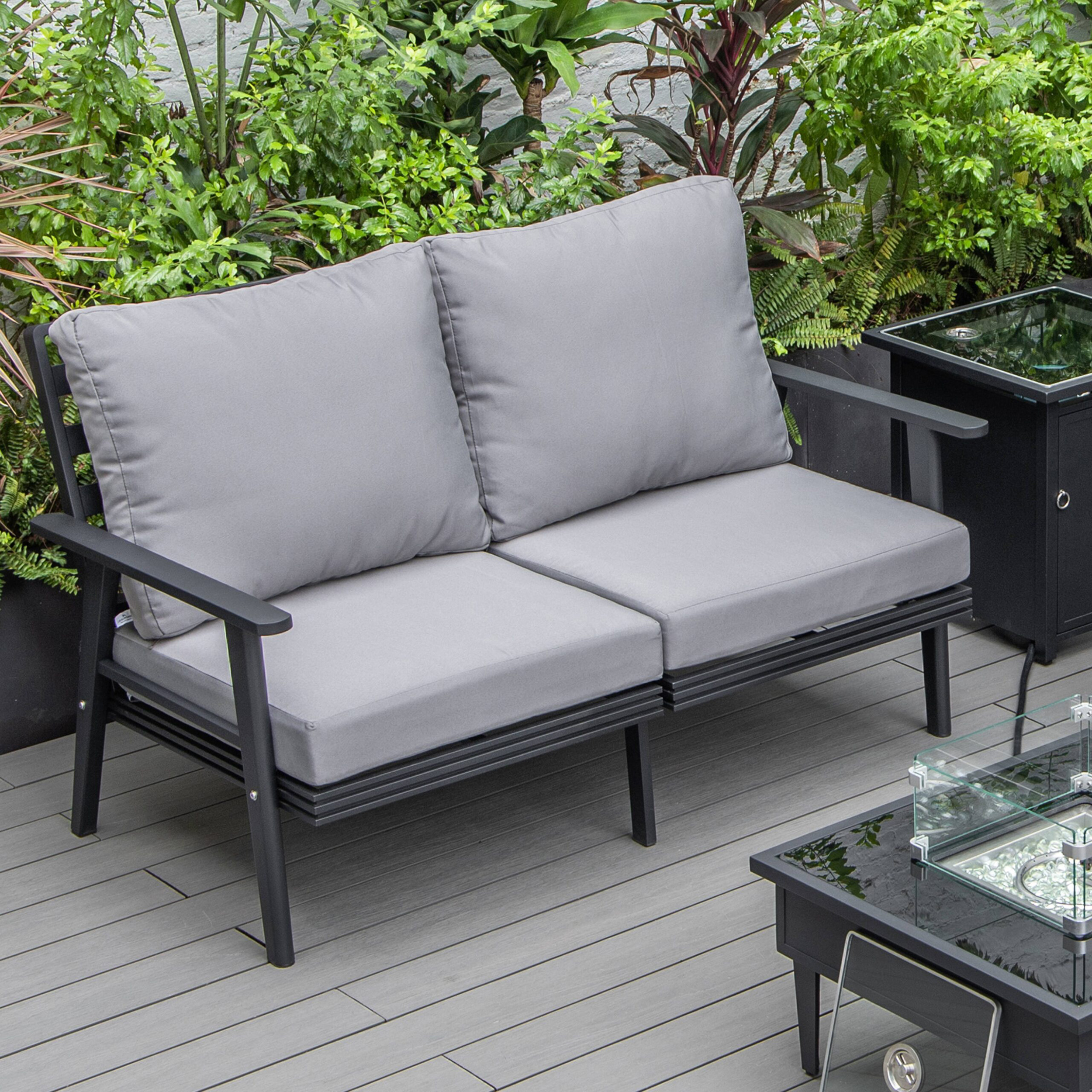 LeisureMod Walbrooke Modern Outdoor Patio Loveseat with Black Aluminum Frame and Removable Cushions - Gray