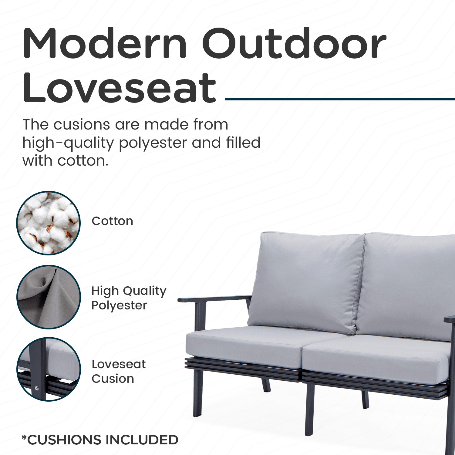 LeisureMod Walbrooke Modern Outdoor Patio Loveseat with Black Aluminum Frame and Removable Cushions - Light Gray