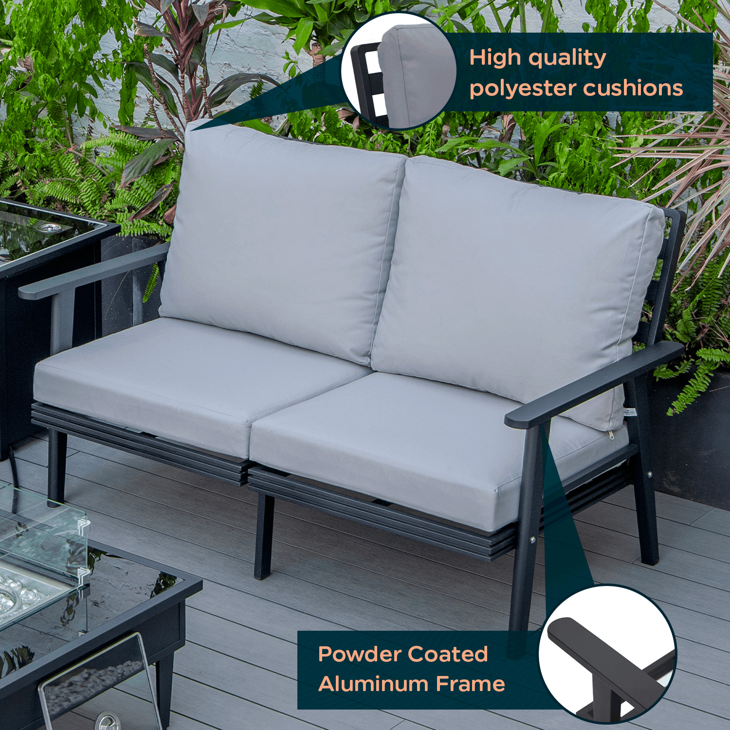 LeisureMod Walbrooke Modern Outdoor Patio Loveseat with Black Aluminum Frame and Removable Cushions - Light Gray