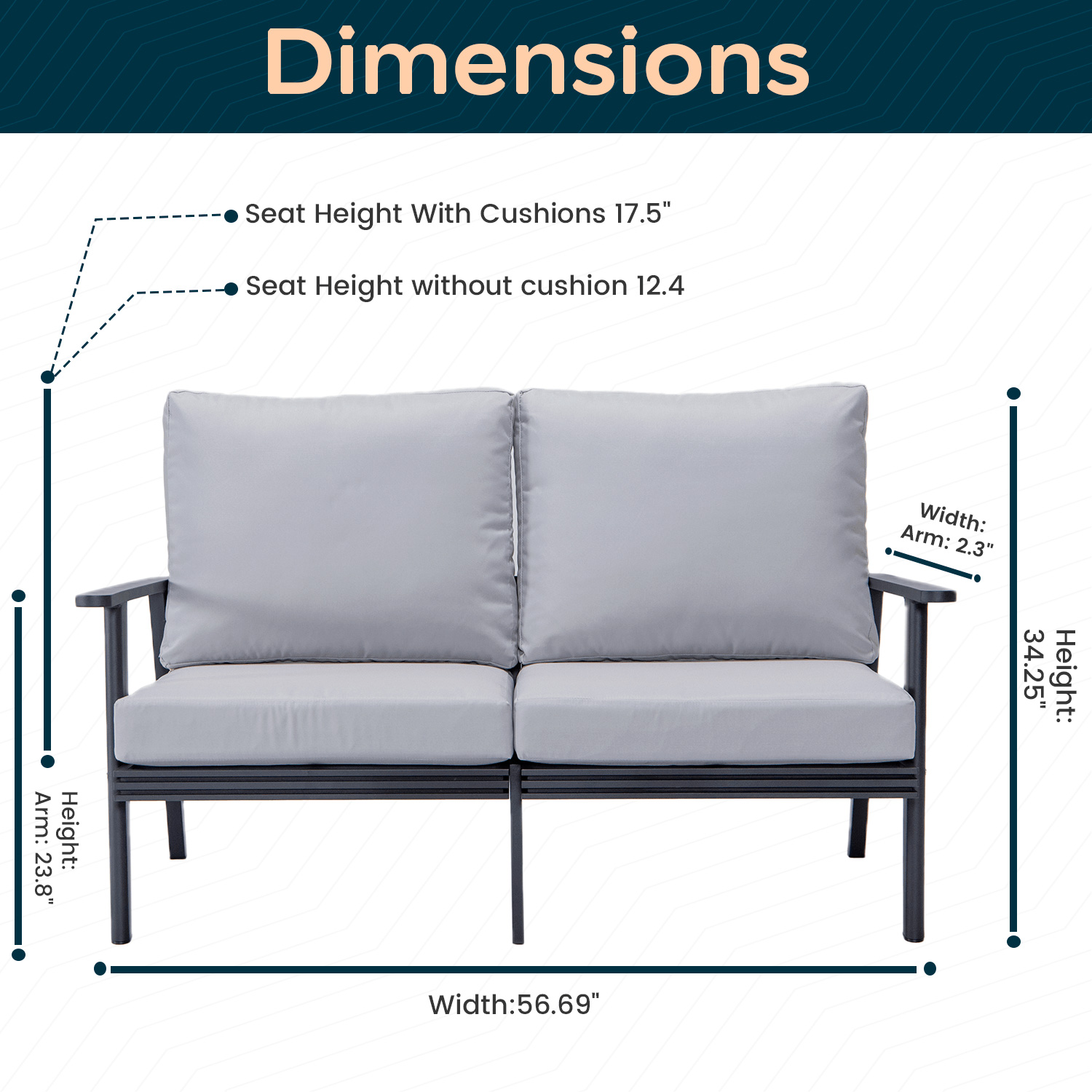 LeisureMod Walbrooke Modern Outdoor Patio Loveseat with Black Aluminum Frame and Removable Cushions - Light Gray