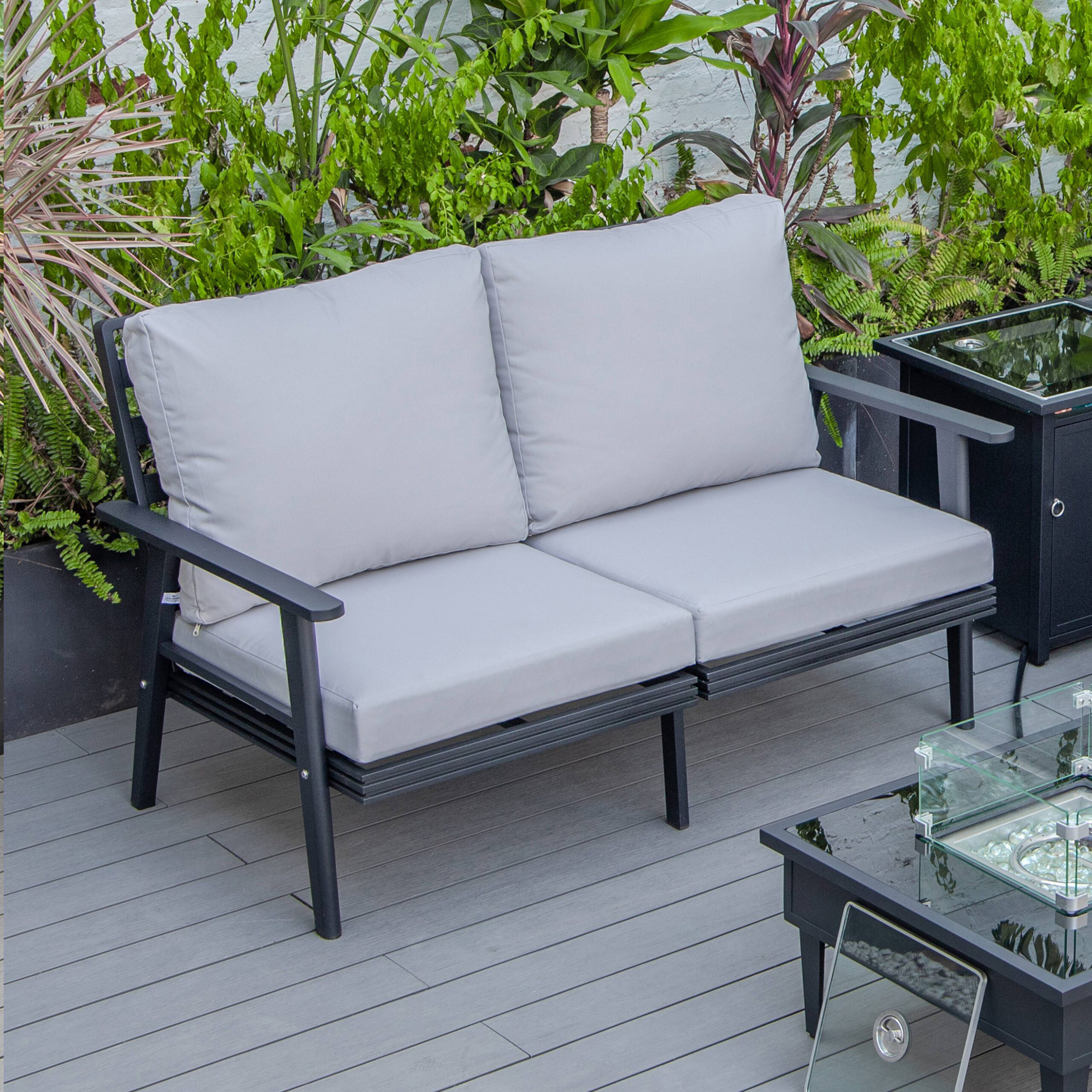 LeisureMod Walbrooke Modern Outdoor Patio Loveseat with Black Aluminum Frame and Removable Cushions - Light Gray