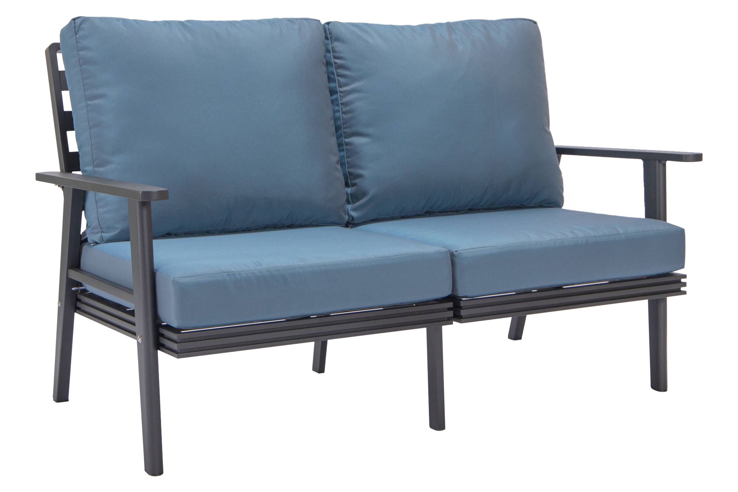 LeisureMod Walbrooke Modern Outdoor Patio Loveseat with Black Aluminum Frame and Removable Cushions