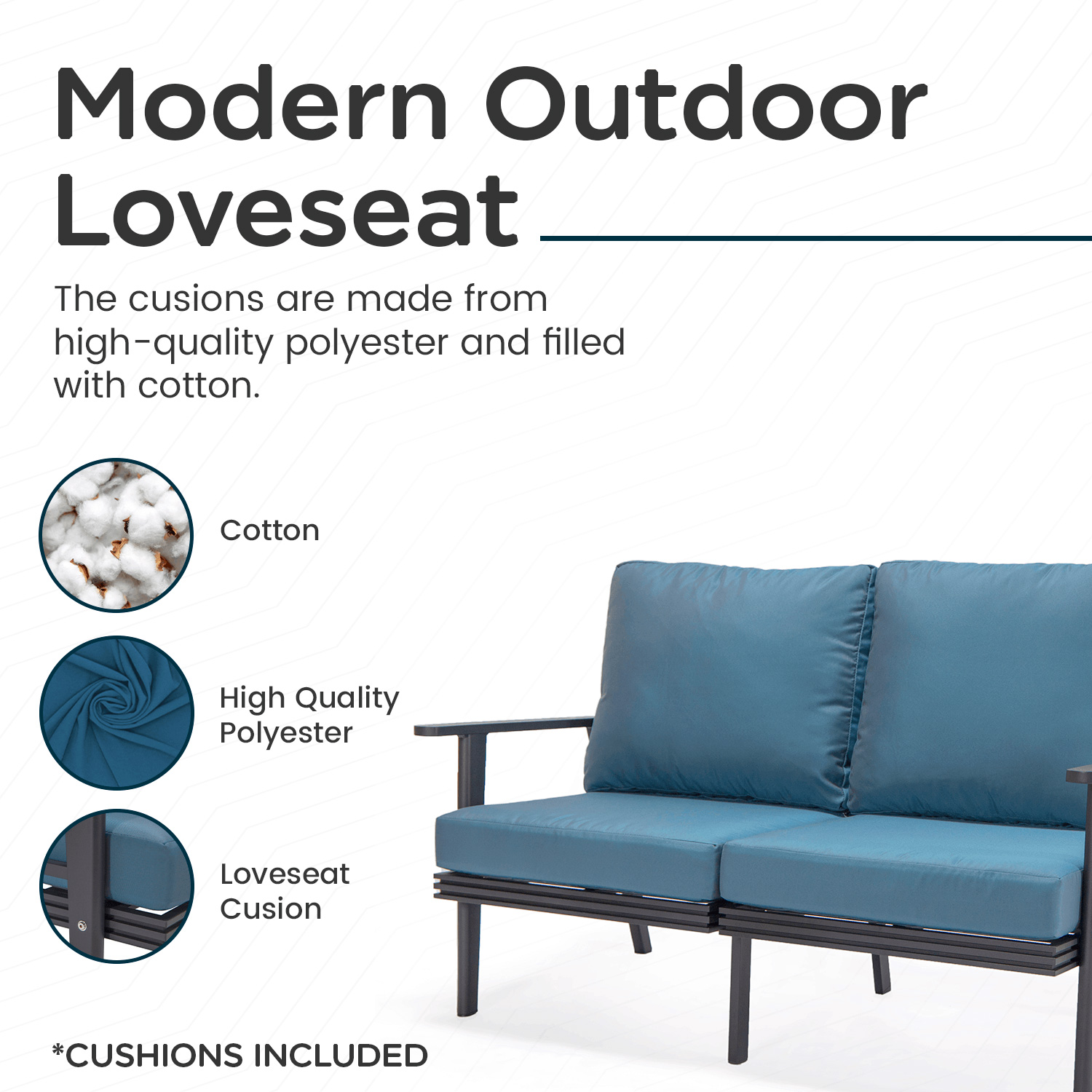 LeisureMod Walbrooke Modern Outdoor Patio Loveseat with Black Aluminum Frame and Removable Cushions - Navy Blue