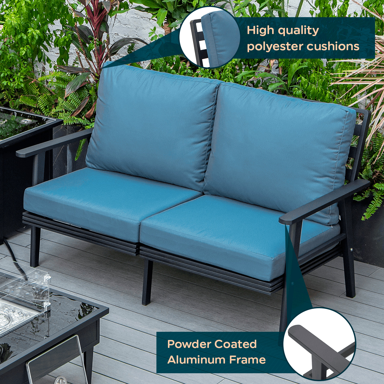 LeisureMod Walbrooke Modern Outdoor Patio Loveseat with Black Aluminum Frame and Removable Cushions - Navy Blue