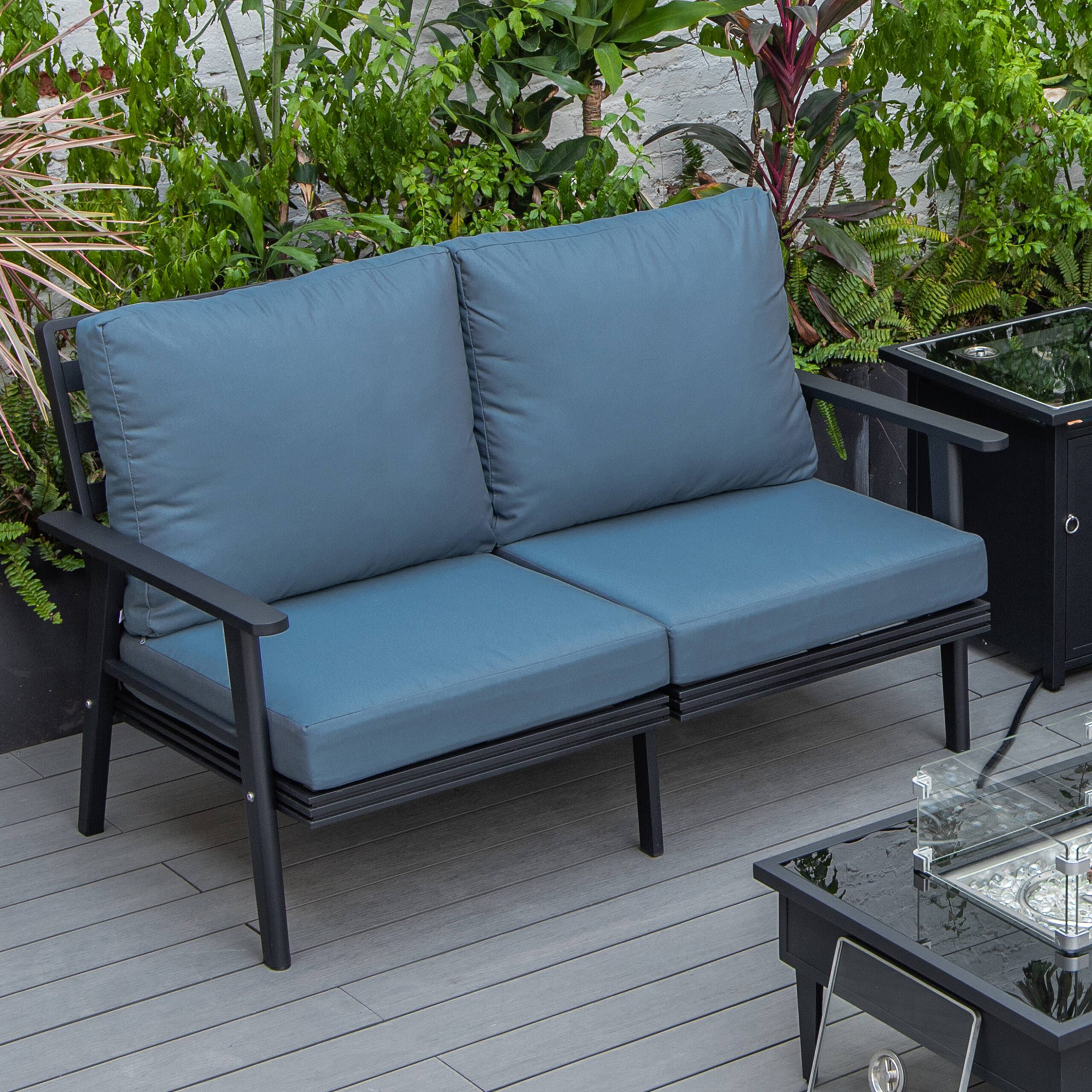 LeisureMod Walbrooke Modern Outdoor Patio Loveseat with Black Aluminum Frame and Removable Cushions - Navy Blue