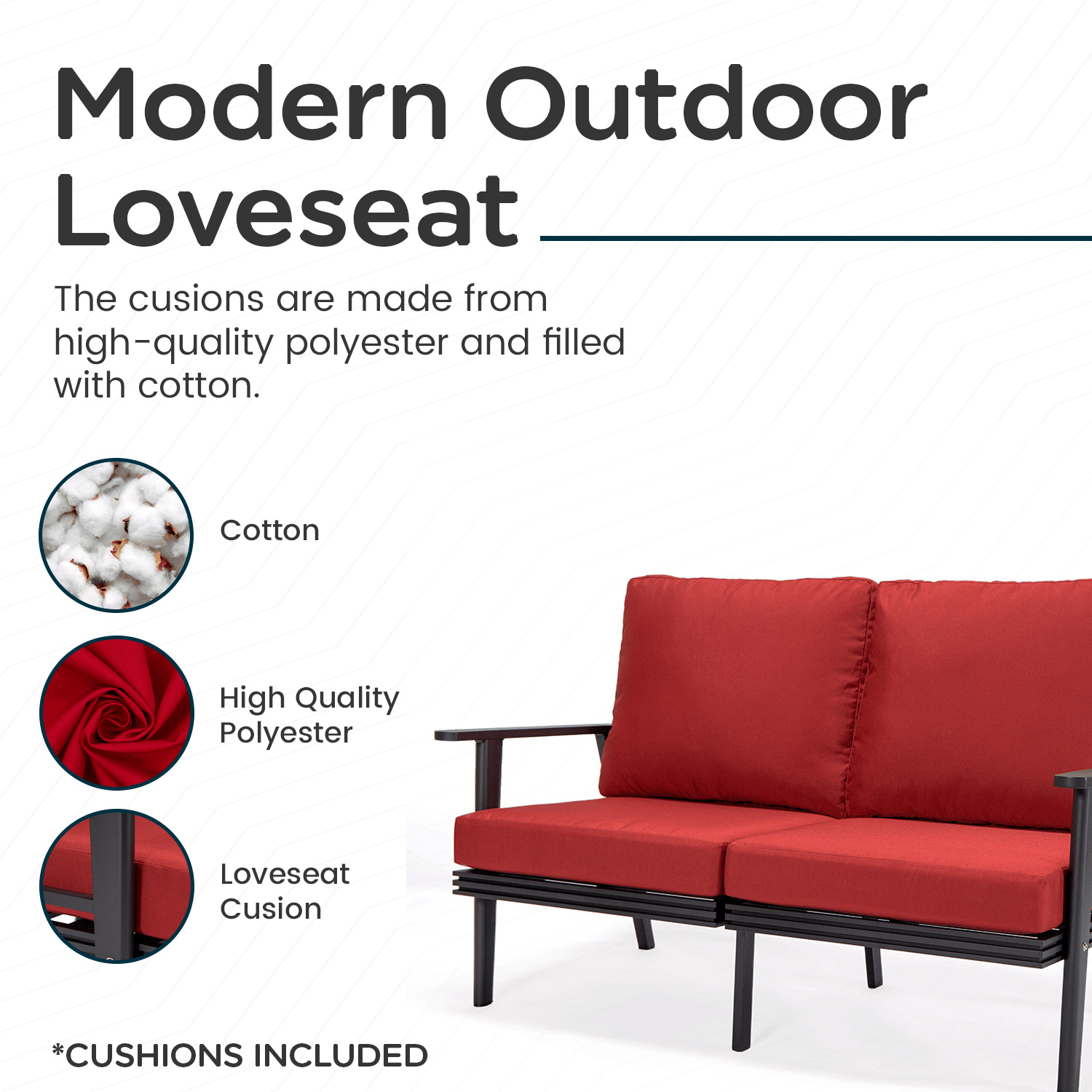 LeisureMod Walbrooke Modern Outdoor Patio Loveseat with Black Aluminum Frame and Removable Cushions - Red