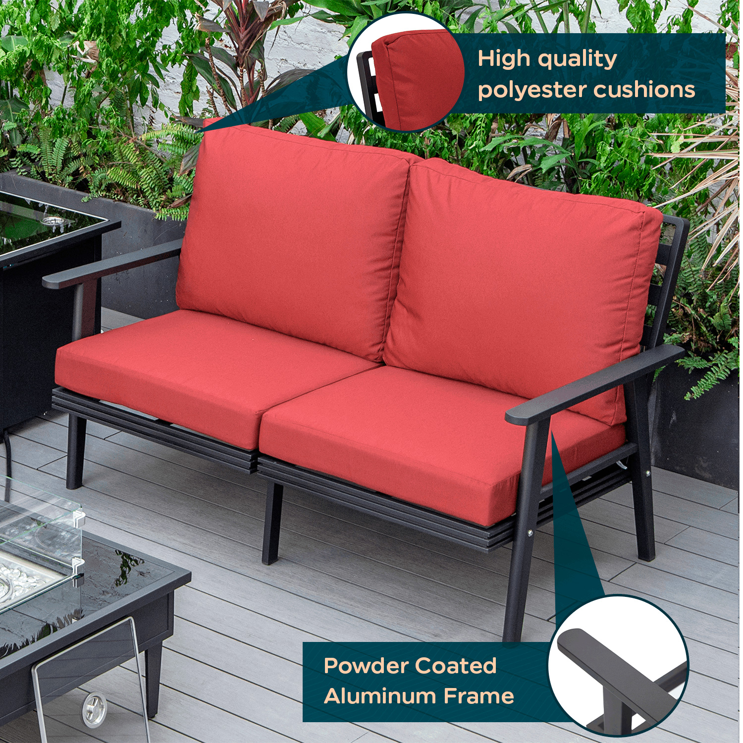 LeisureMod Walbrooke Modern Outdoor Patio Loveseat with Black Aluminum Frame and Removable Cushions - Red