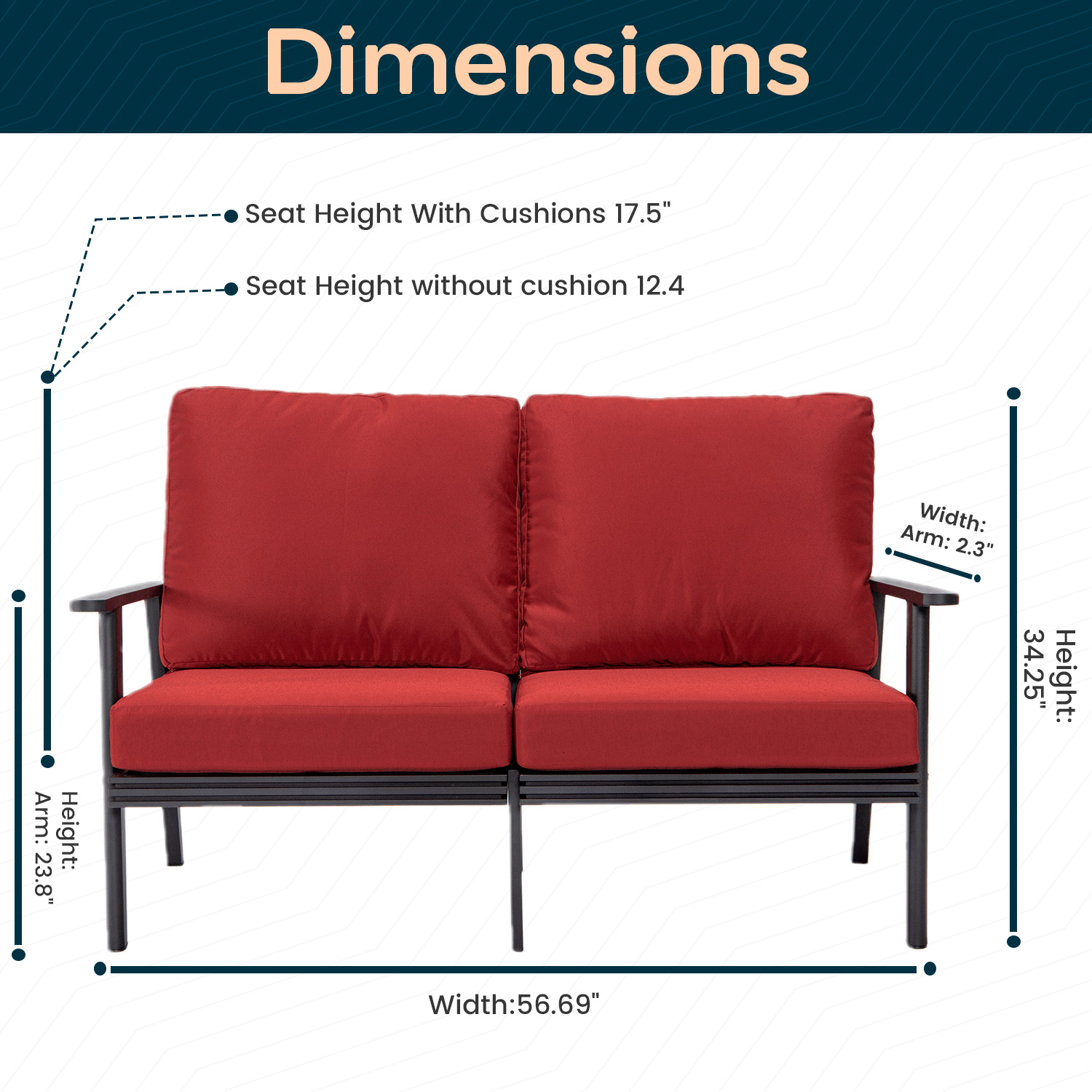 LeisureMod Walbrooke Modern Outdoor Patio Loveseat with Black Aluminum Frame and Removable Cushions - Red