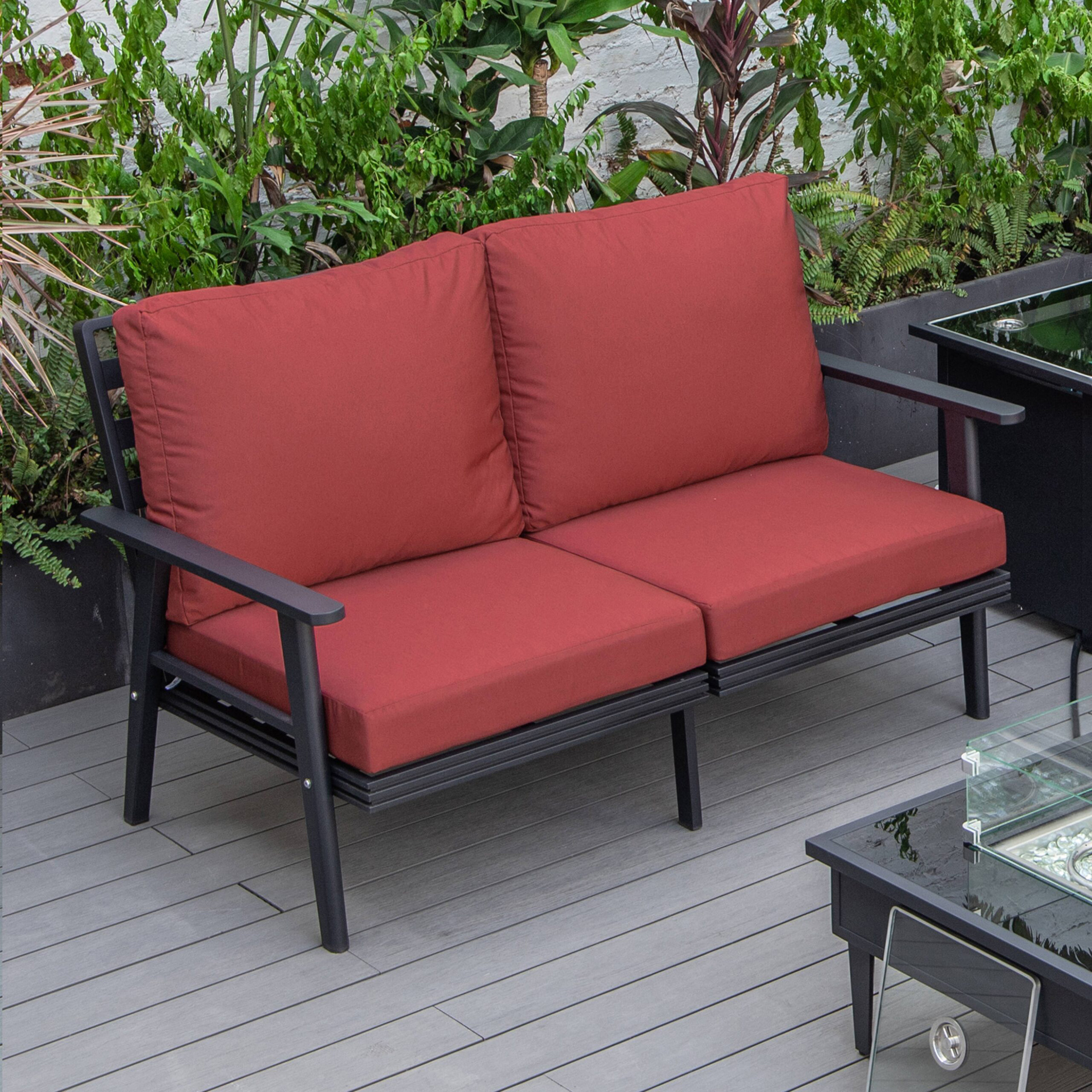 LeisureMod Walbrooke Modern Outdoor Patio Loveseat with Black Aluminum Frame and Removable Cushions - Red