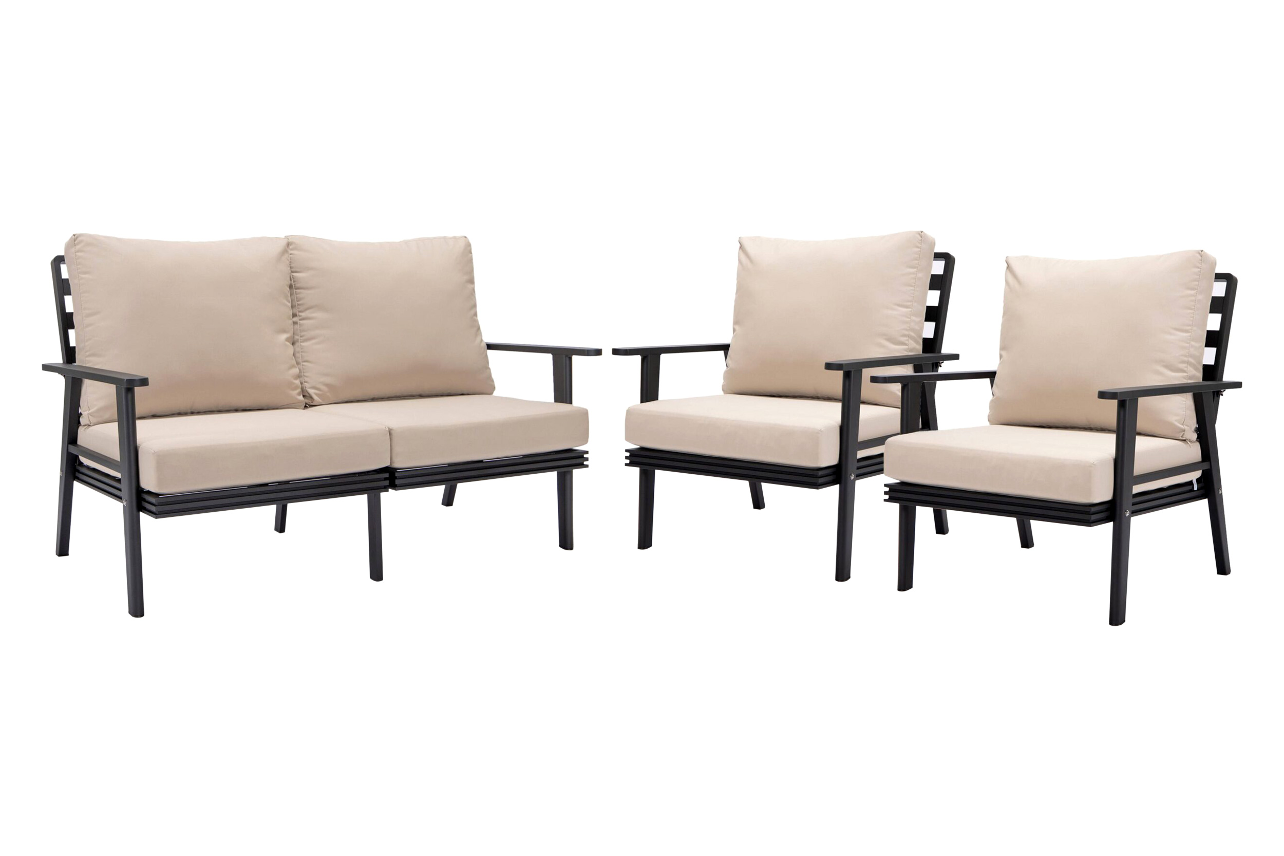 LeisureMod Walbrooke Modern 3-Piece Outdoor Patio Set with Black Aluminum Frame