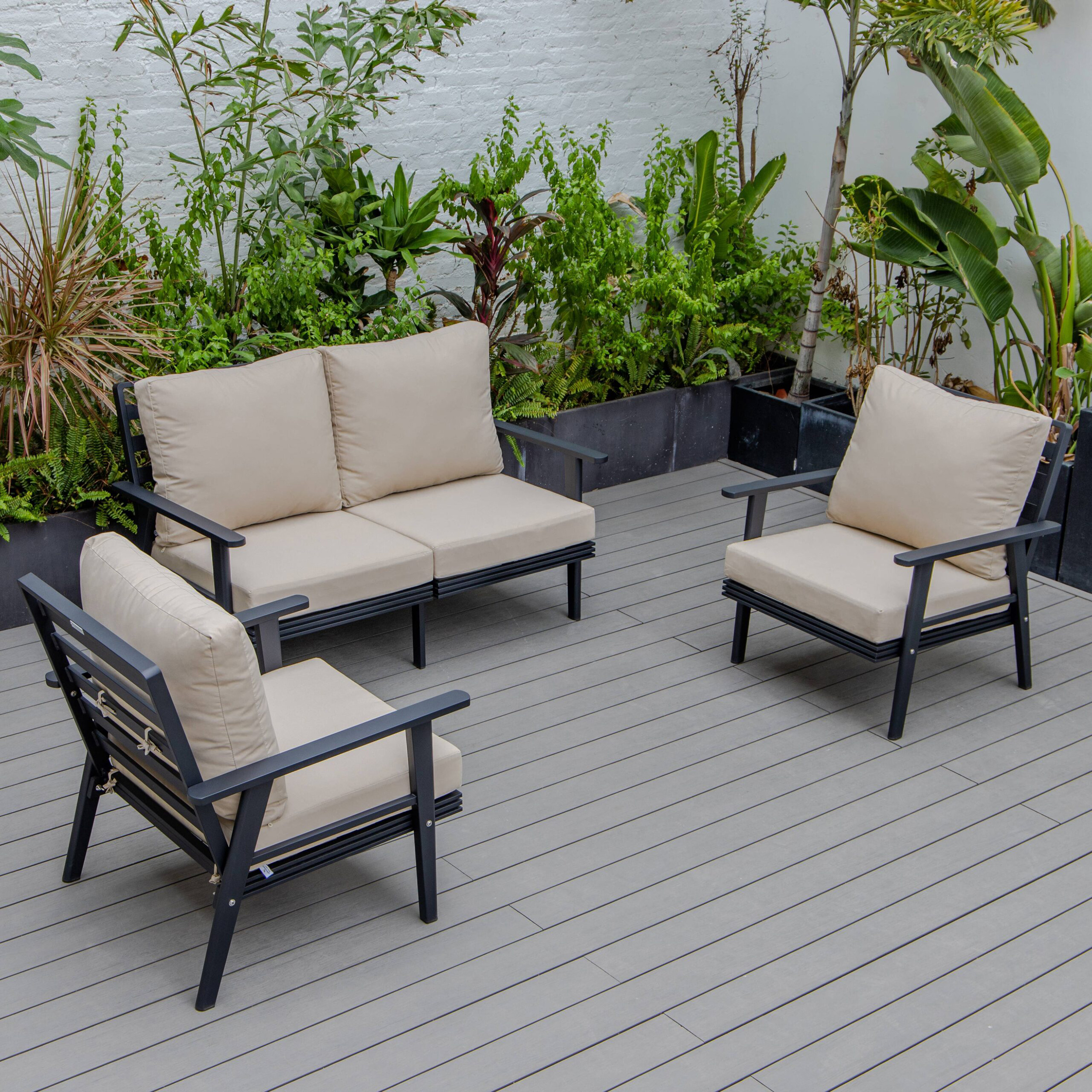 LeisureMod Walbrooke Modern 3-Piece Outdoor Patio Set with Black Aluminum Frame - Beige