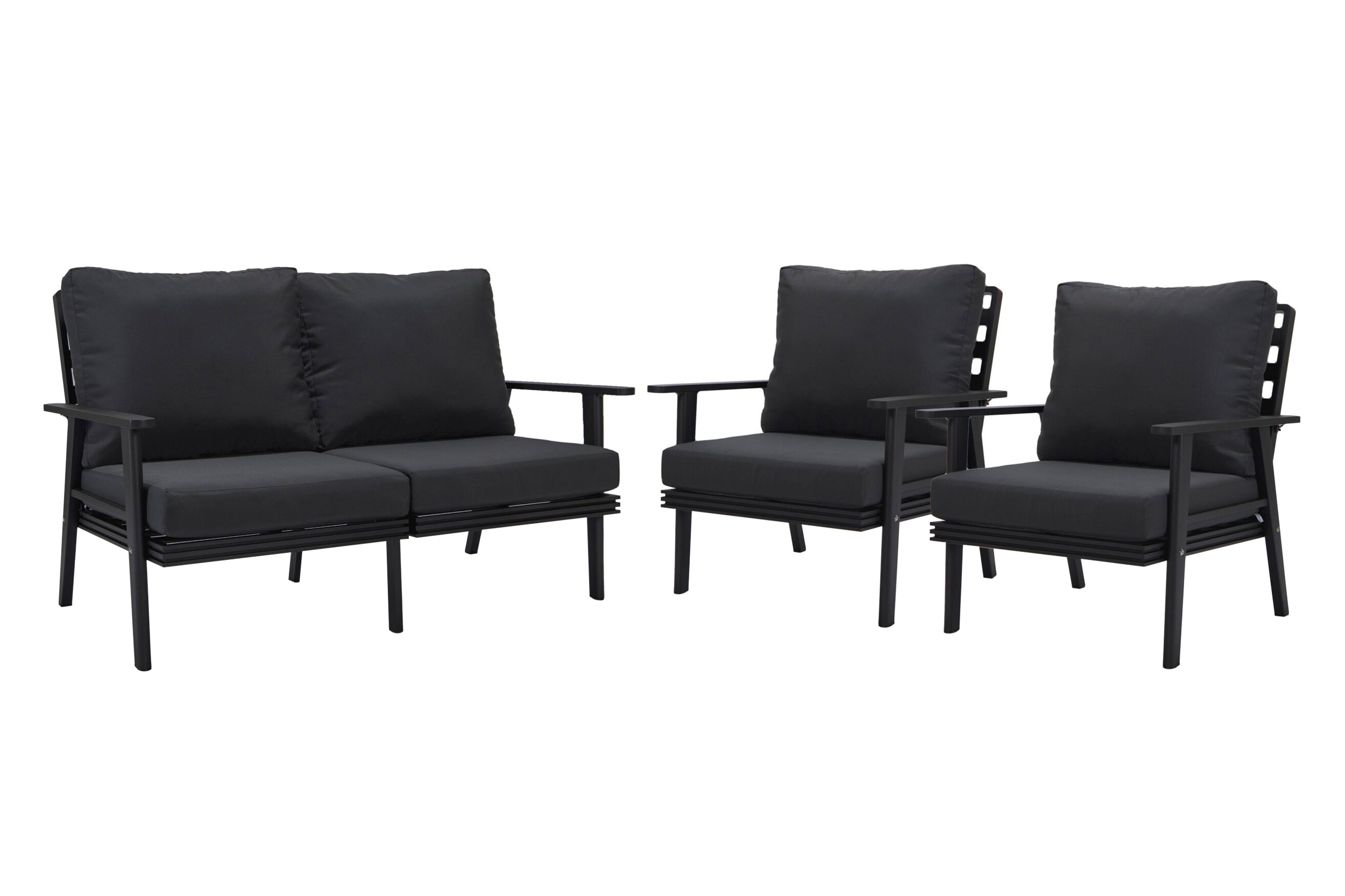 LeisureMod Walbrooke Modern 3-Piece Outdoor Patio Set with Black Aluminum Frame