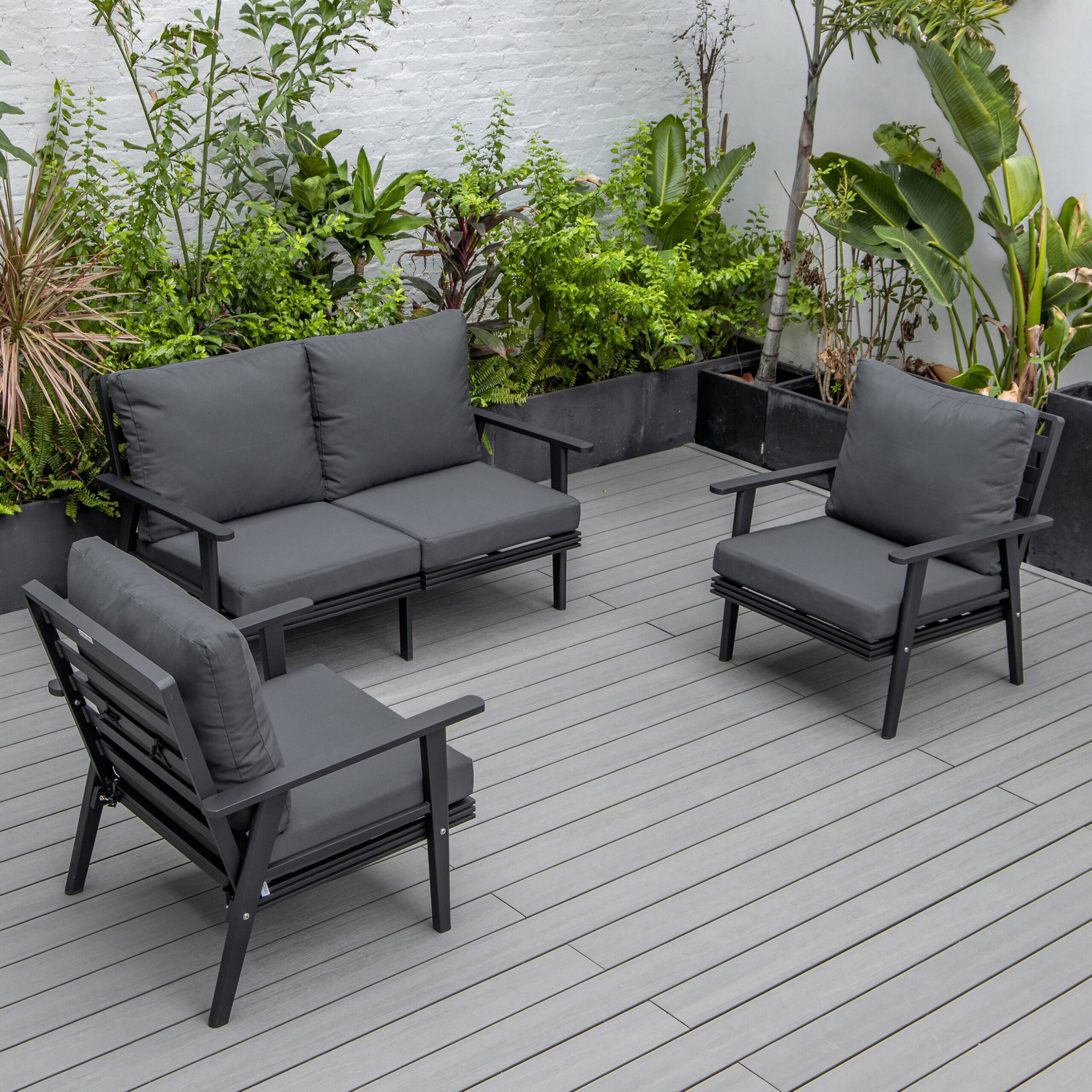 LeisureMod Walbrooke Modern 3-Piece Outdoor Patio Set with Black Aluminum Frame - Charcoal