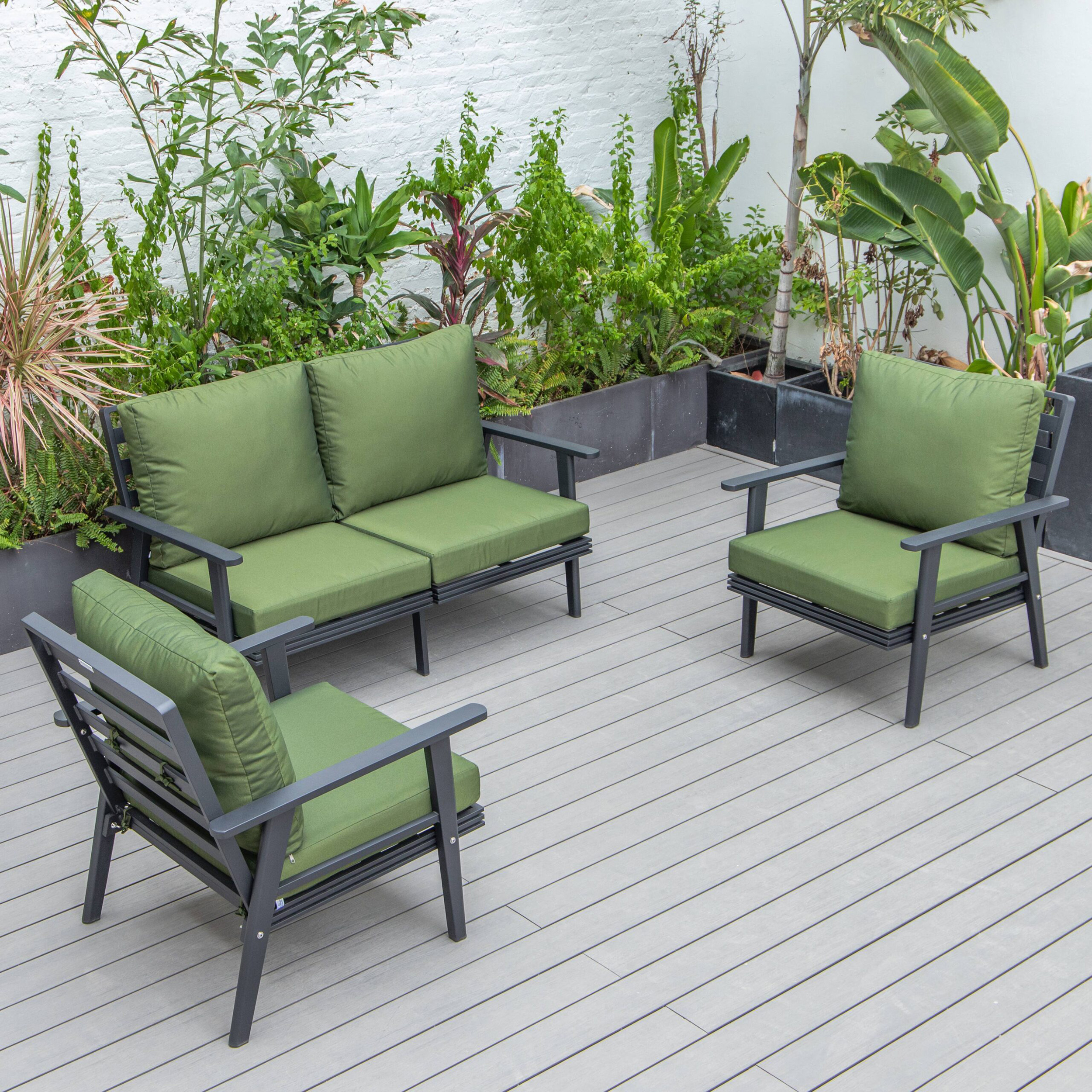 LeisureMod Walbrooke Modern 3-Piece Outdoor Patio Set with Black Aluminum Frame - Green