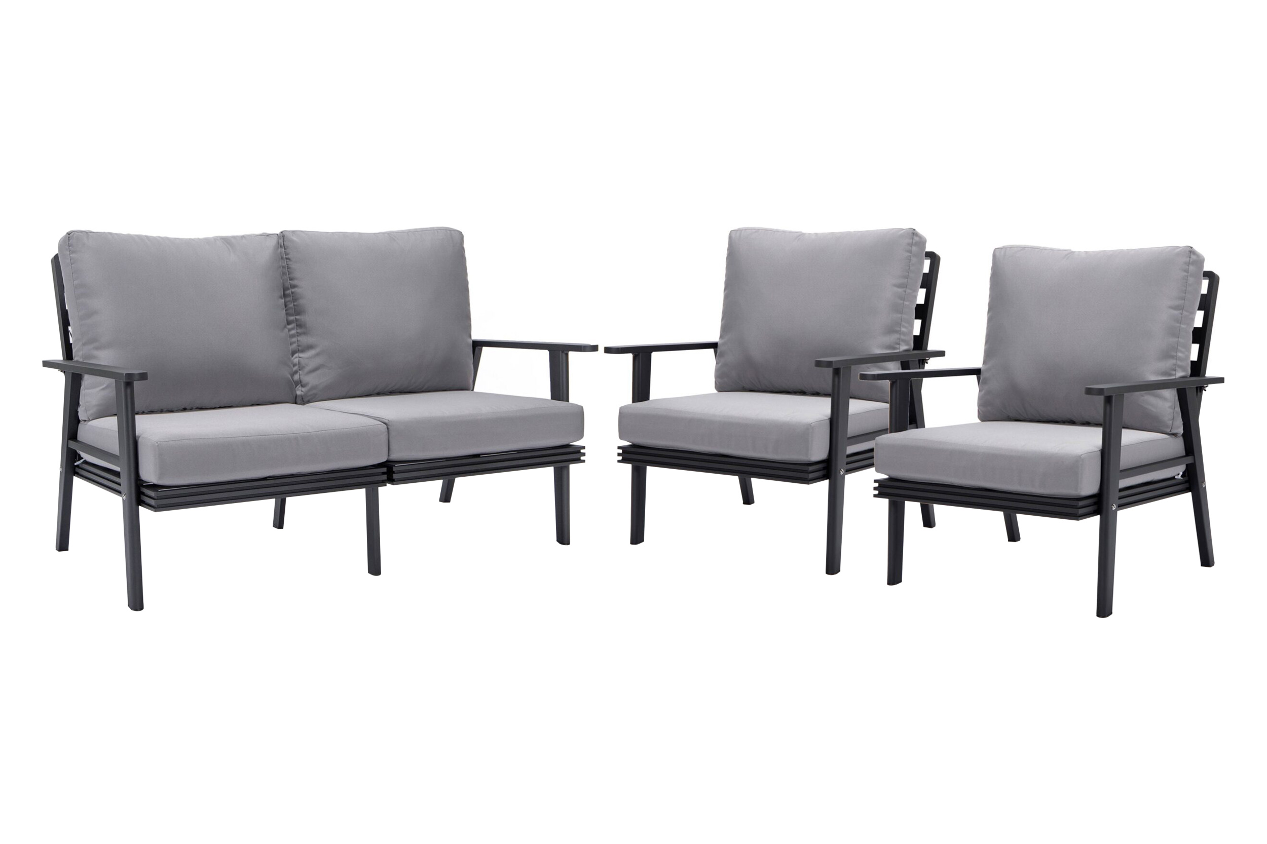 LeisureMod Walbrooke Modern 3-Piece Outdoor Patio Set with Black Aluminum Frame