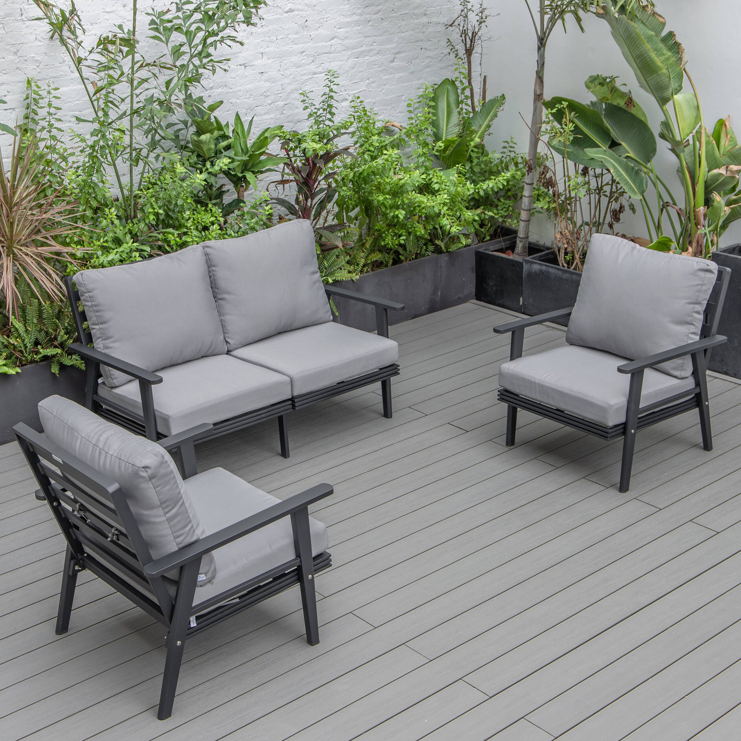 LeisureMod Walbrooke Modern 3-Piece Outdoor Patio Set with Black Aluminum Frame - Gray